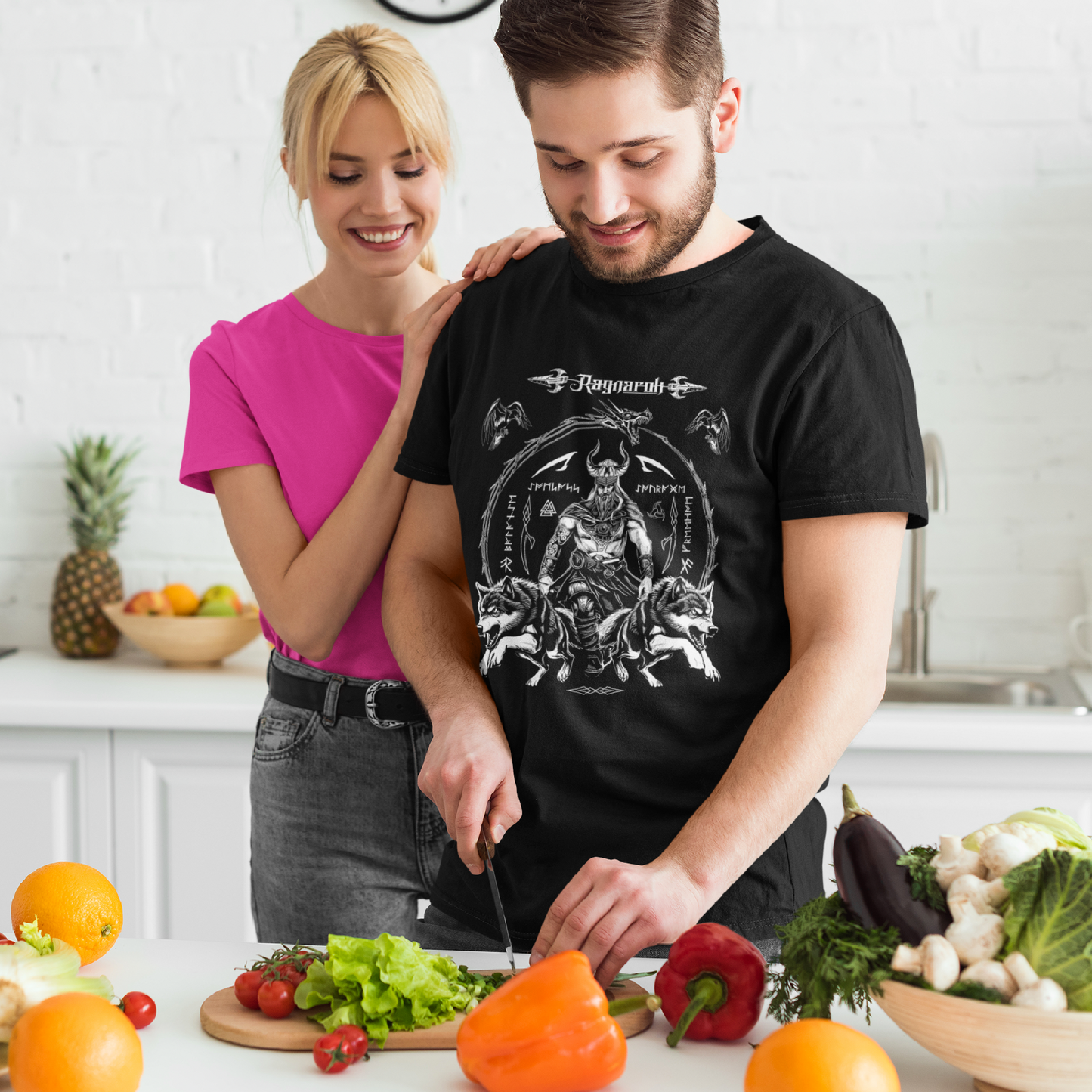 Black T Shirt White Viking Wolves Talisman Men Women Unisex Valhalla Tee