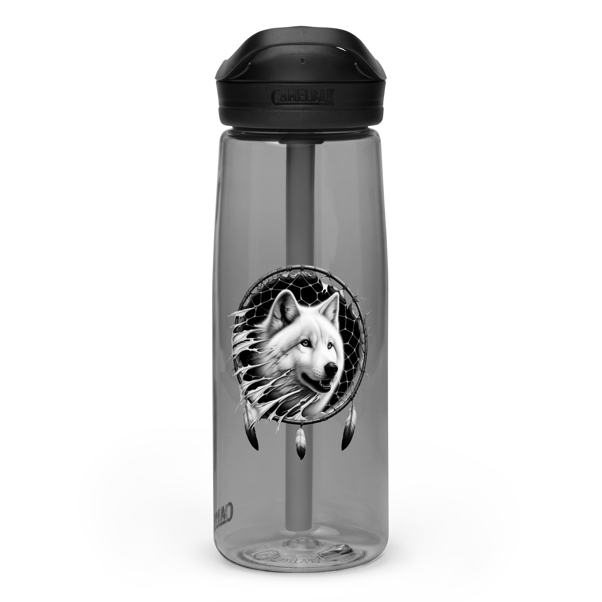 Dreamcatcher Wolf – Sports Water Bottle Realistic Native American Talisman Mythology Graphic Design