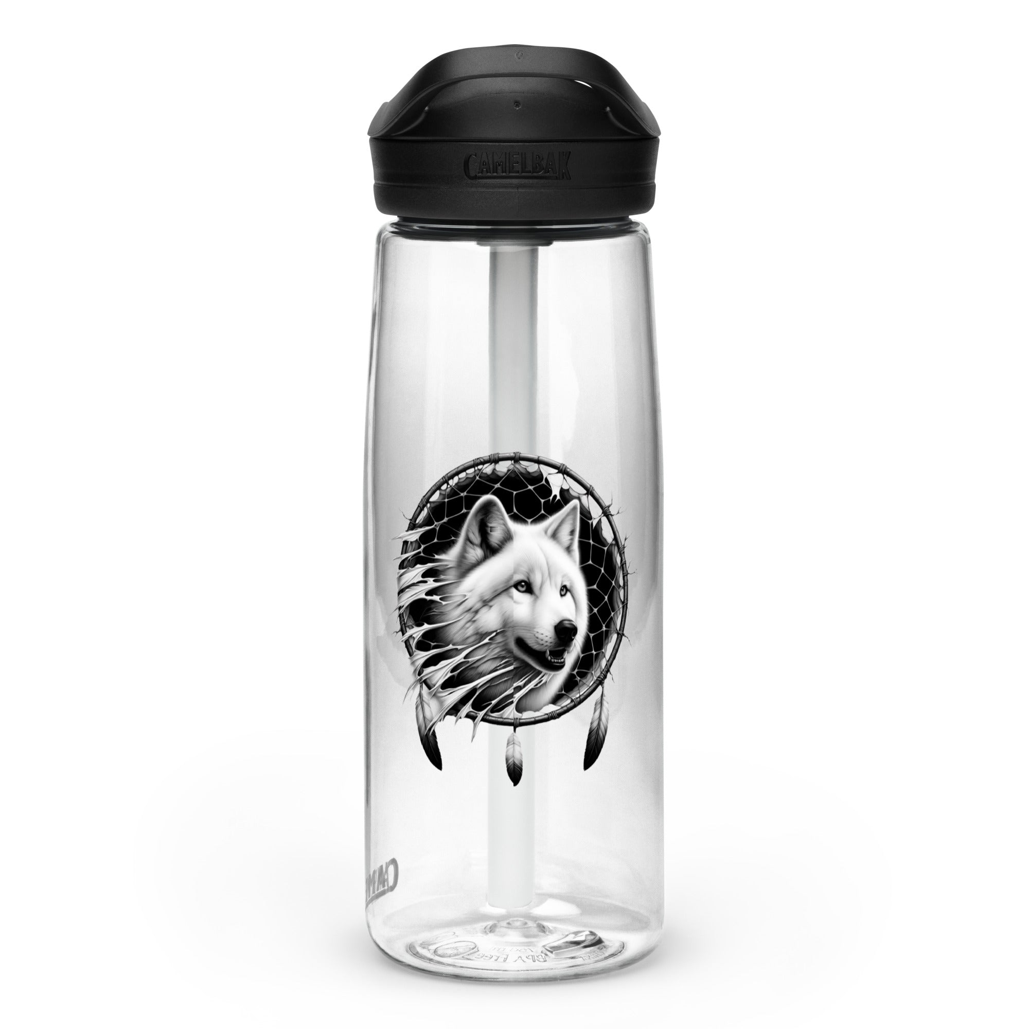 Dreamcatcher Wolf – Sports Water Bottle Realistic Native American Talisman Mythology Graphic Design