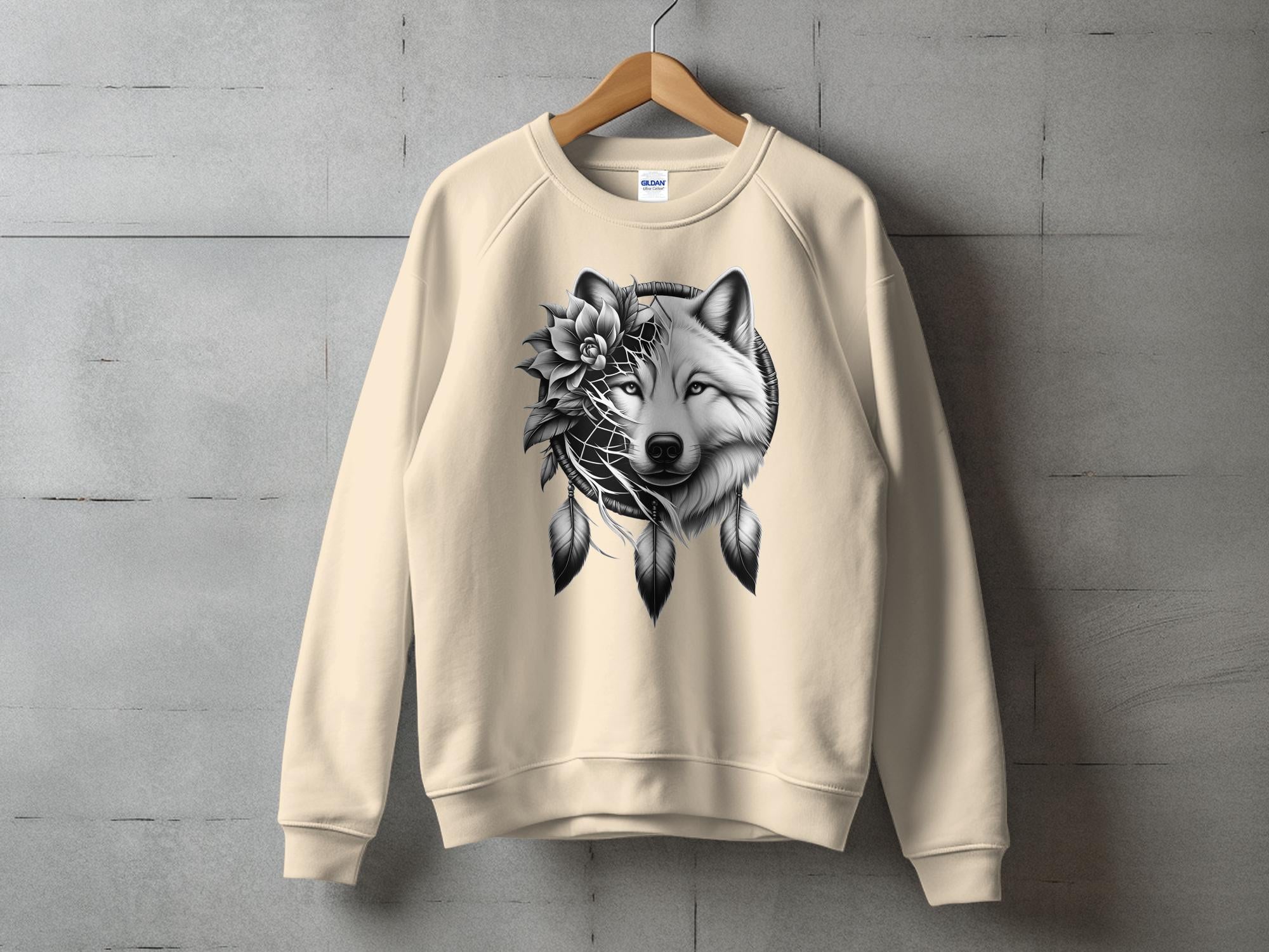 Dreamcatcher Wolf - Coloured Gildan Sweatshirt Realistic Native American Talisman Unisex Mythology Tee Graphic Design