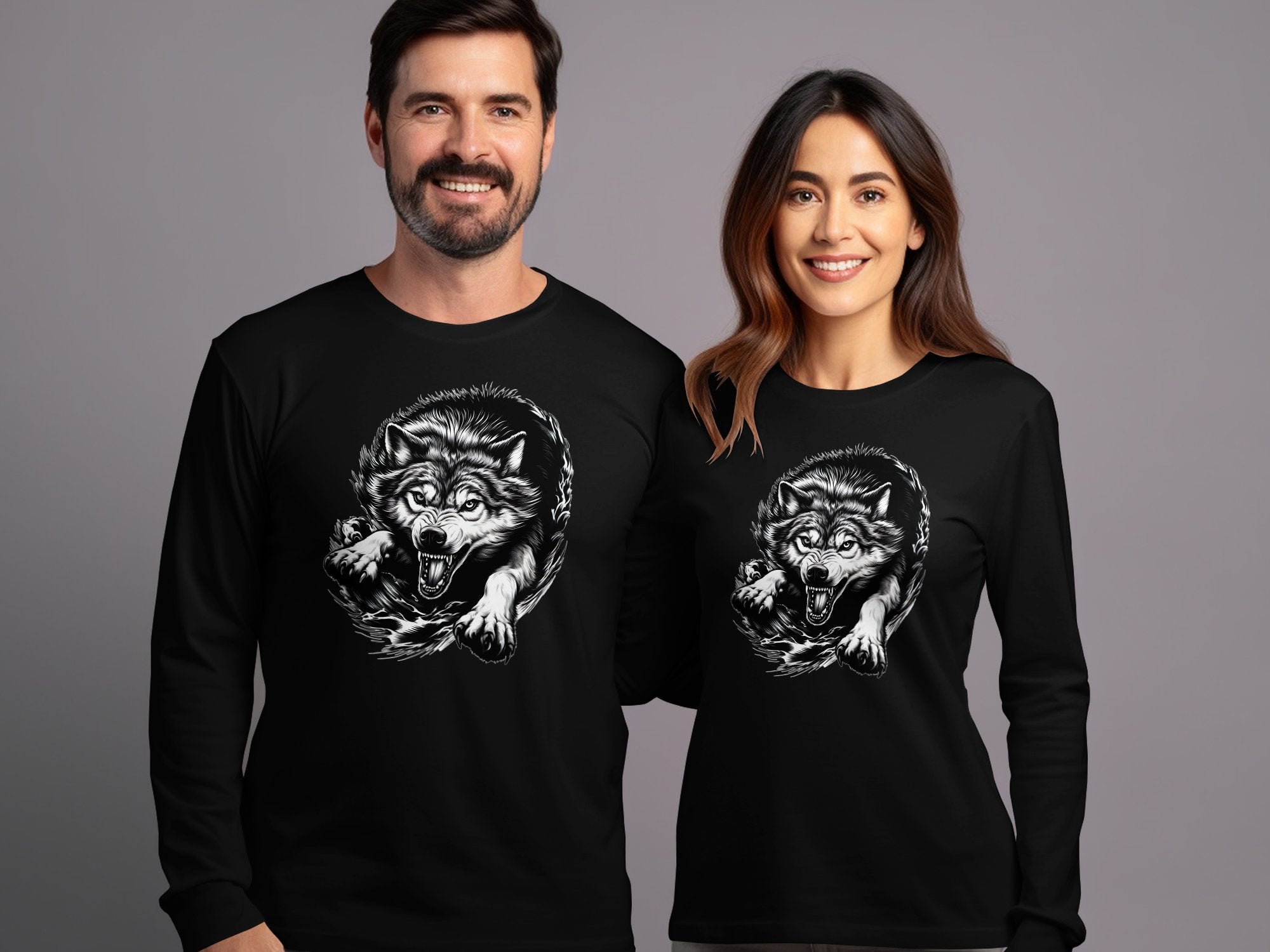 Wolf Tribal - Black White Gildan Long Sleeve Realistic Animal Talisman Unisex Tee Graphic Design