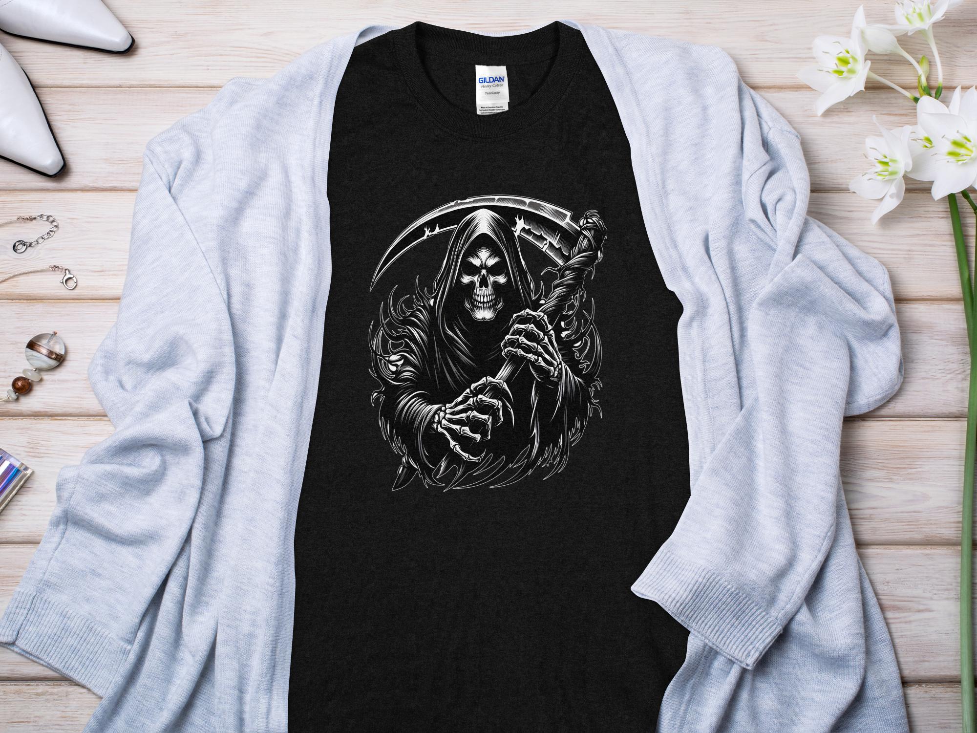 Grim Reaper - Black White Gildan T-Shirt Commemorative Talisman Unisex Tee Graphic Design