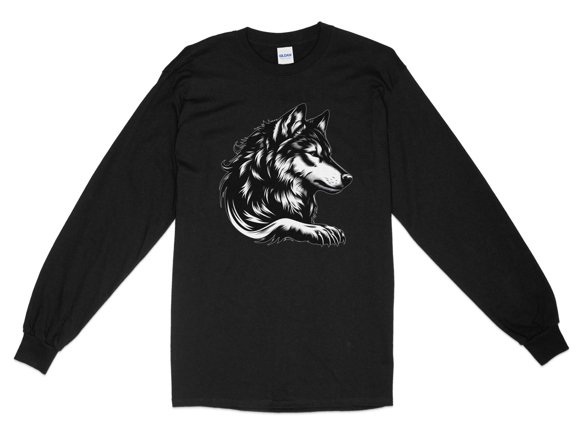 Wolf Tribal - Black White Gildan Long Sleeve Realistic Animal Talisman Unisex Tee Graphic Design