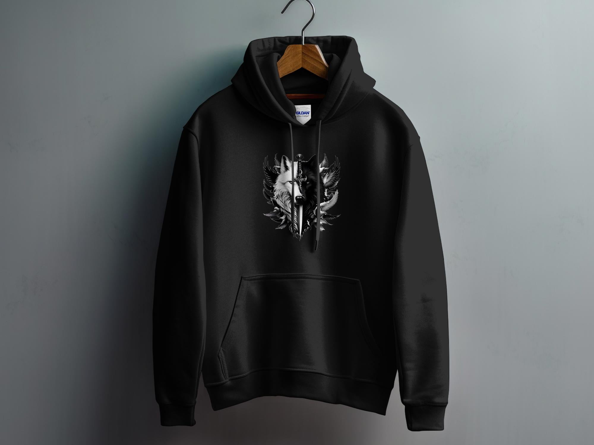 Wolf x Doves - Black White Gildan Hoodie Realistic Animal Talisman Unisex Tee Graphic Design