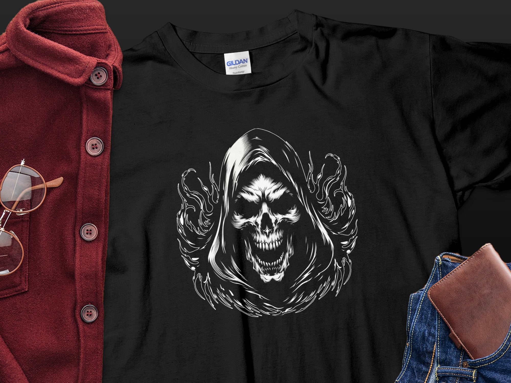 Grim Reaper - Black White Gildan T-Shirt Commemorative Talisman Unisex Tee Graphic Design