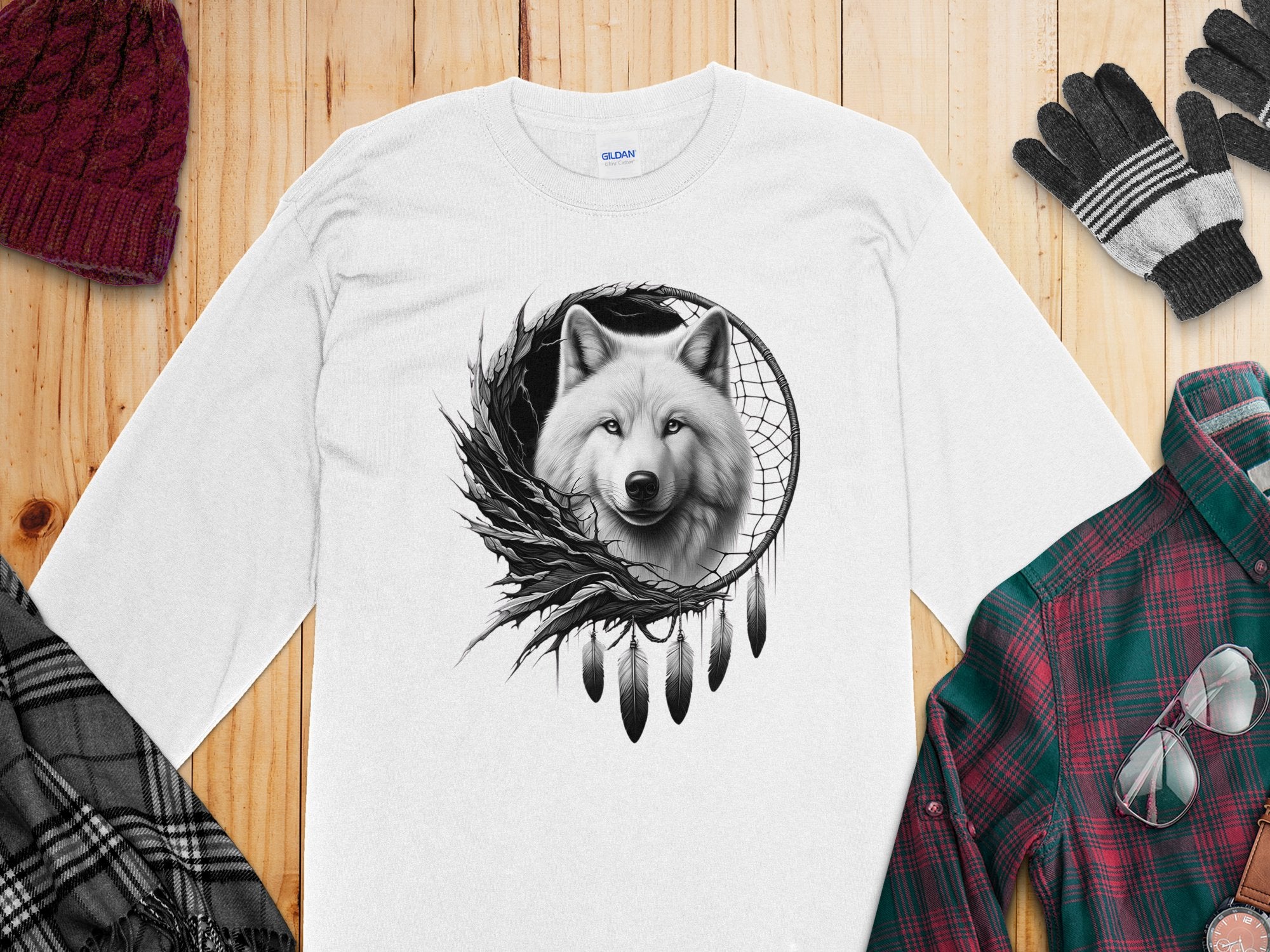 Dreamcatcher Wolf - Coloured Gildan Long Sleeve Realistic Native American Talisman Unisex Mythology Tee Graphic Design