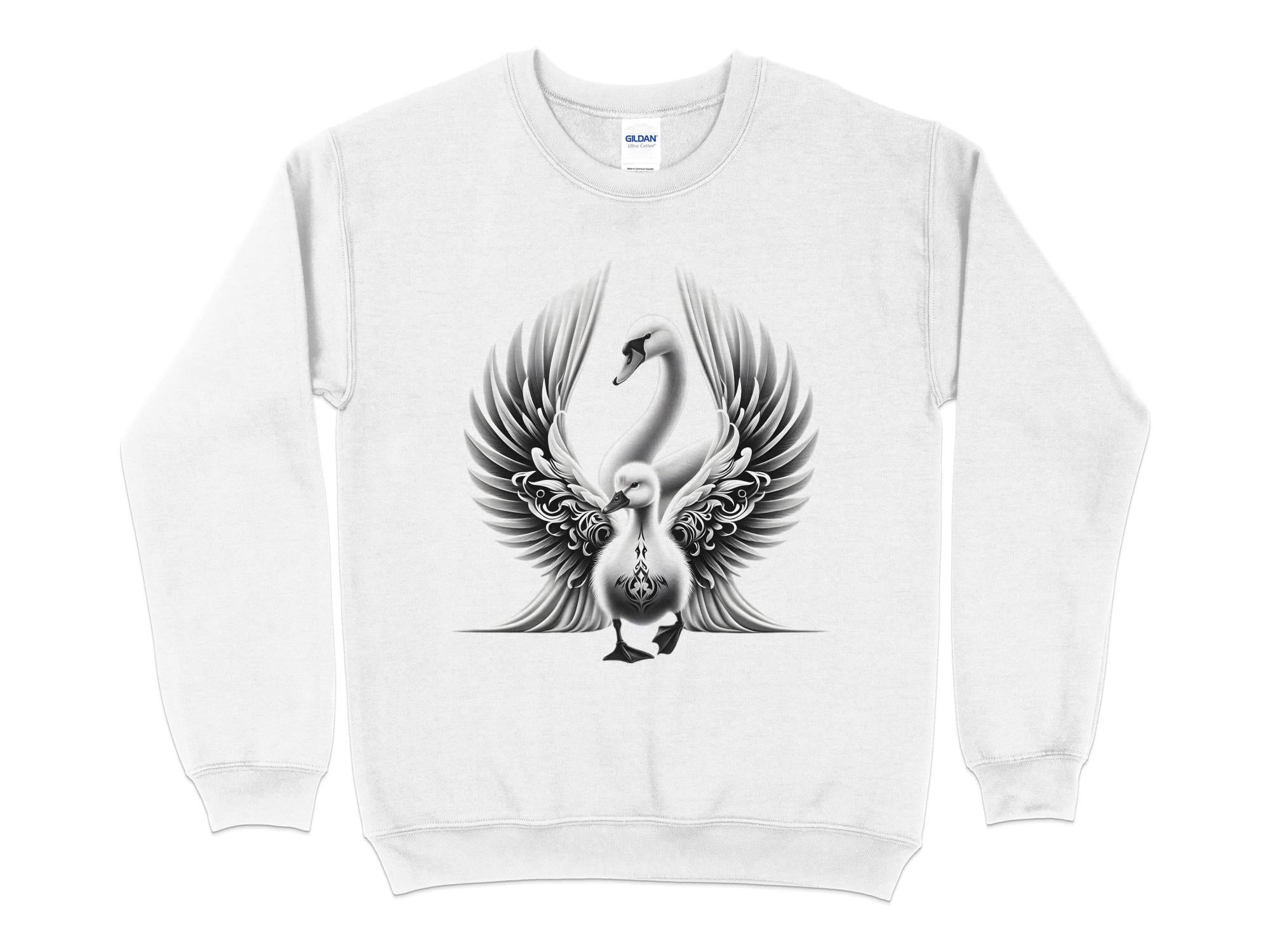 Swan & Cygnet- Black White Gildan Sweatshirt Realistic Family Talisman Unisex Tee Graphic Design