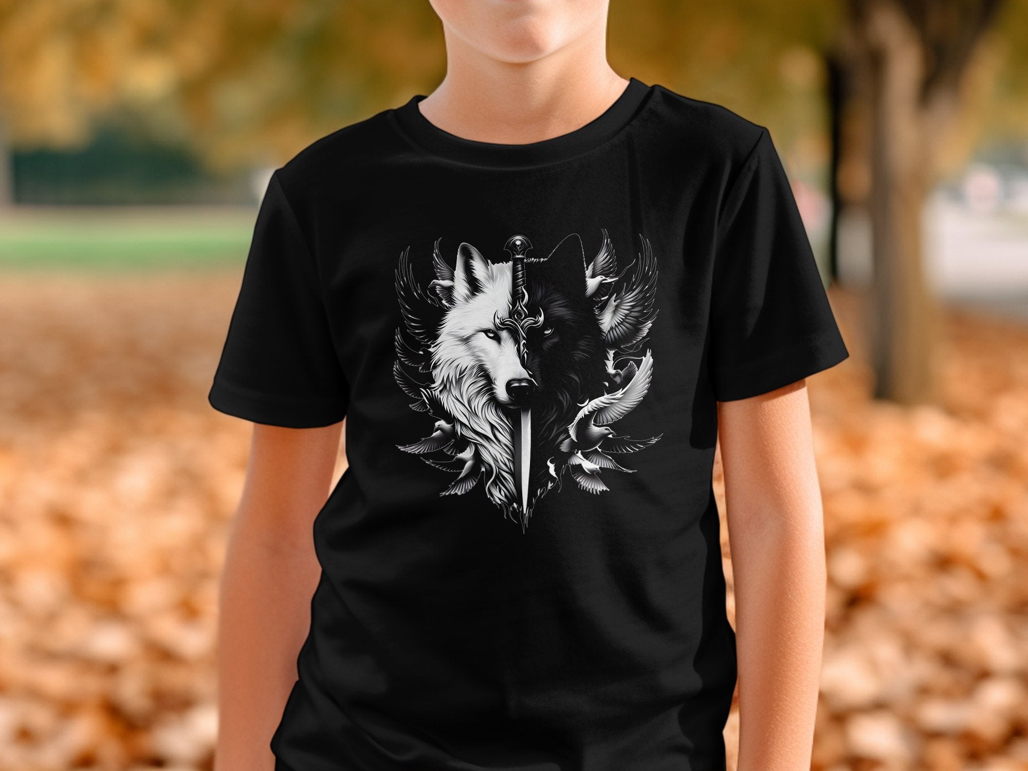 Wolf x Doves - Black White Gildan Kids T-Shirt Realistic Animal Talisman Unisex Tee Graphic Design