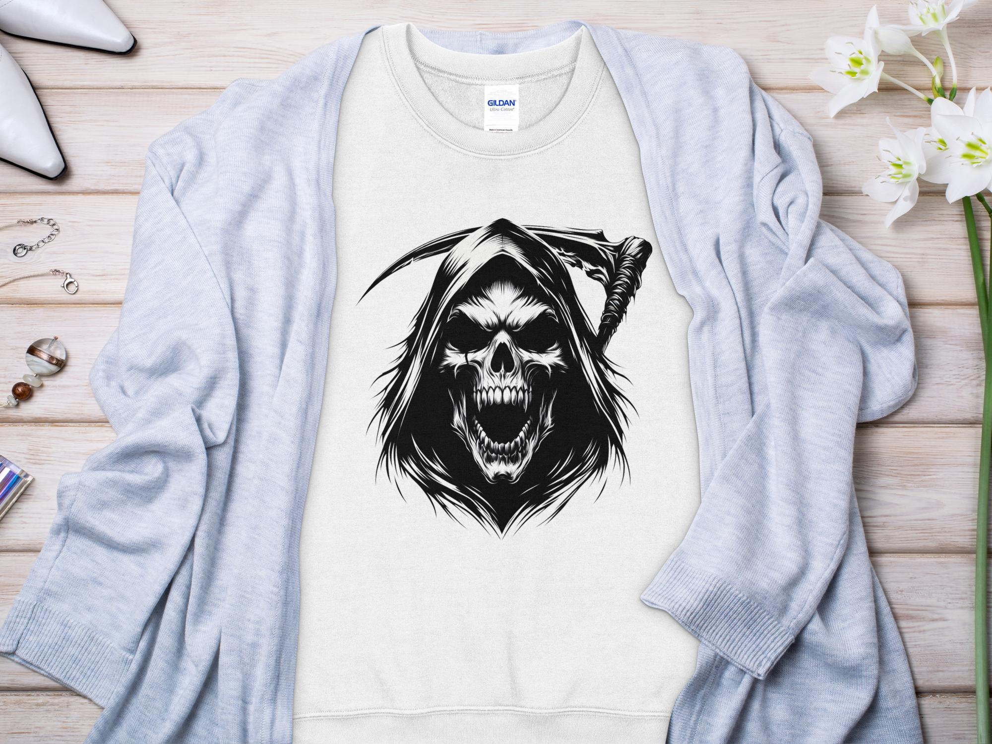 Grim Reaper - Black White Gildan Sweatshirt Commemorative Talisman Unisex Tee Graphic Design