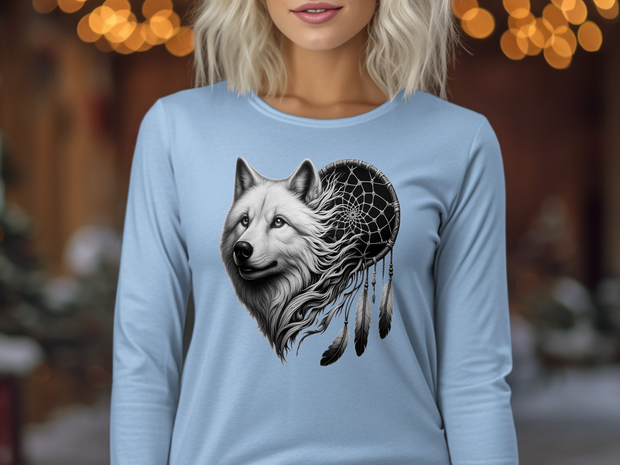 Dreamcatcher Wolf - Coloured Gildan Long Sleeve Realistic Native American Talisman Unisex Mythology Tee Graphic Design