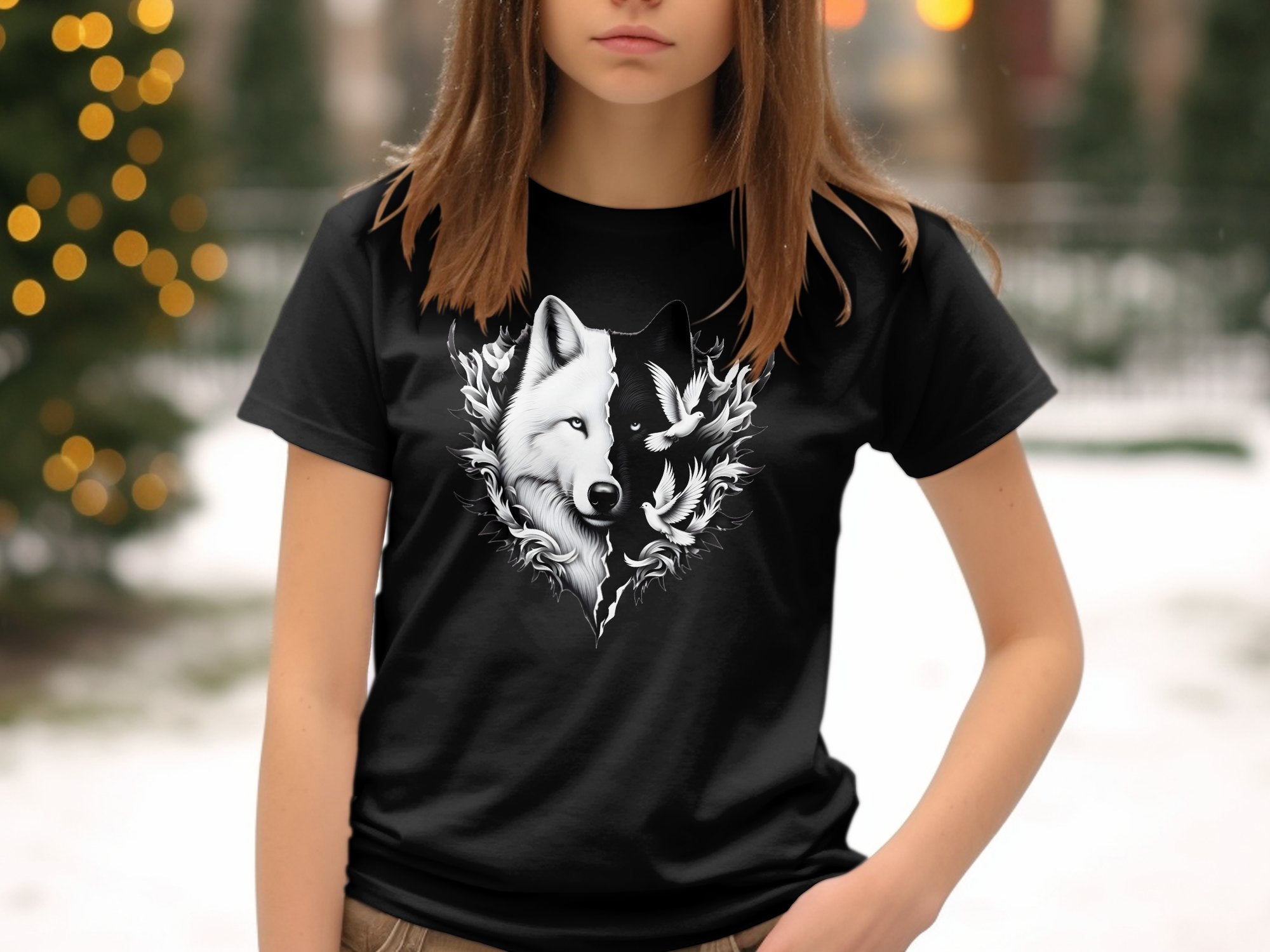 Wolf x Doves - Black White Gildan Kids T-Shirt Realistic Animal Talisman Unisex Tee Graphic Design