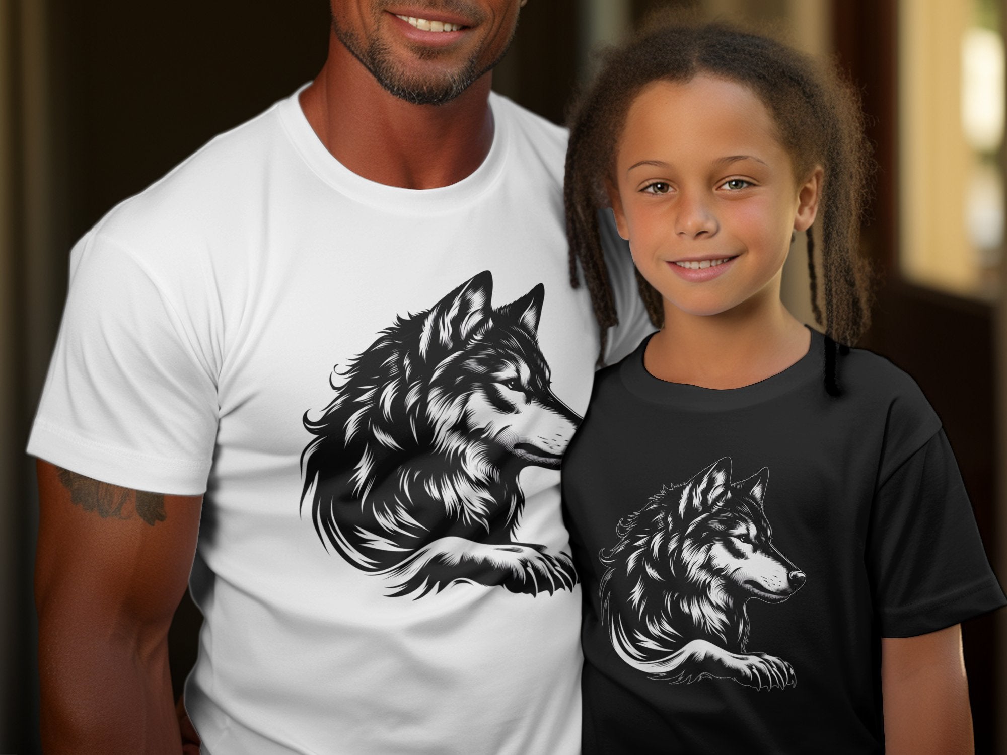 Wolf Tribal - Black White Gildan Kids T-Shirt Realistic Animal Talisman Unisex Tee Graphic Design