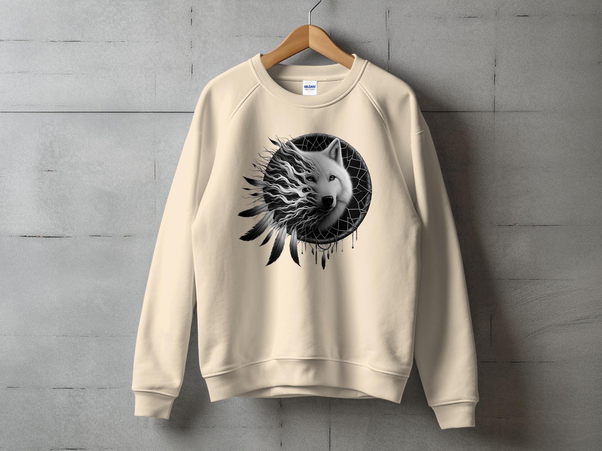 Dreamcatcher Wolf - Coloured Gildan Sweatshirt Realistic Native American Talisman Unisex Mythology Tee Graphic Design