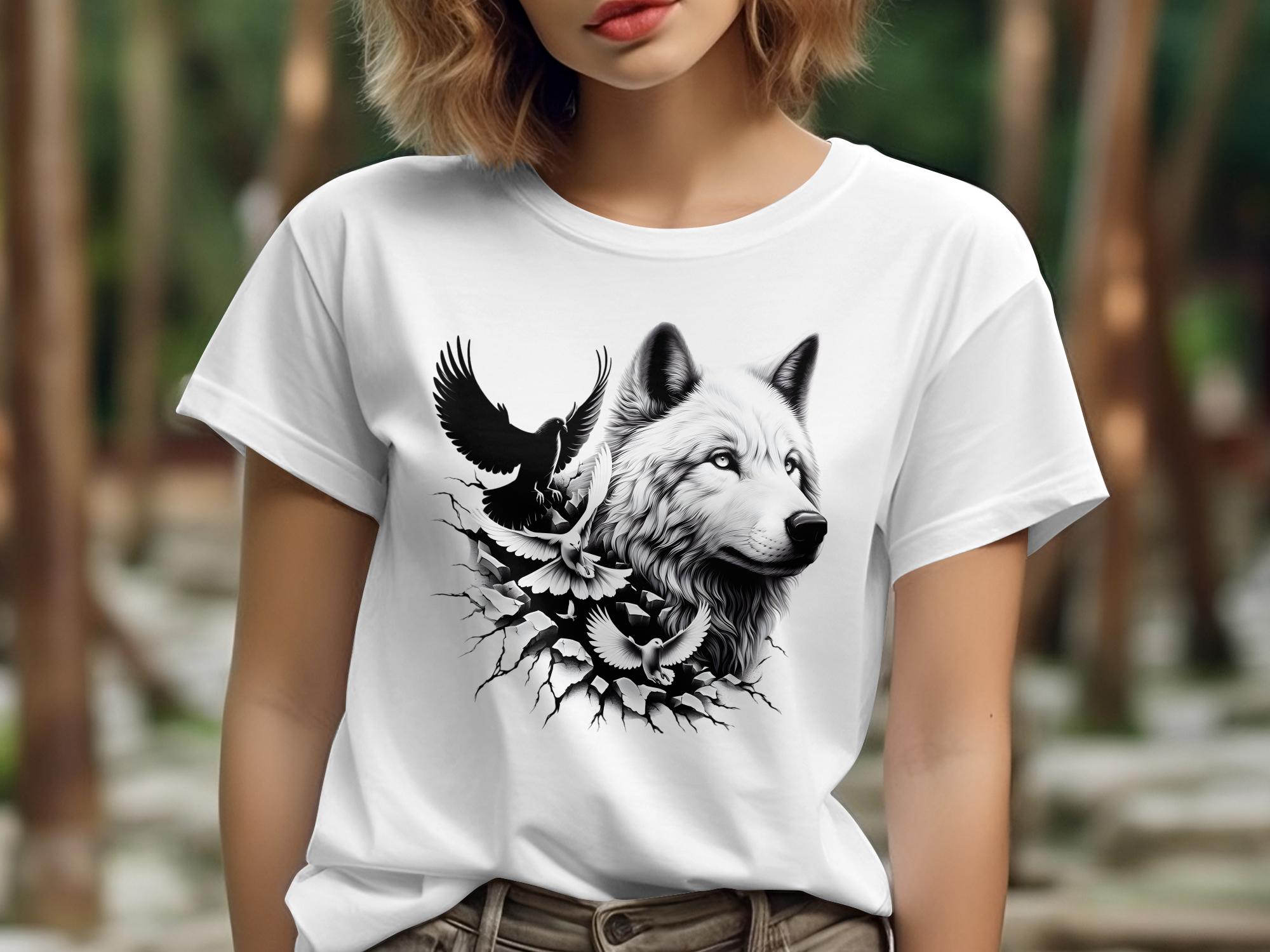 Wolf x Doves - Black White Gildan T-Shirt Realistic Animal Talisman Unisex Tee Graphic Design