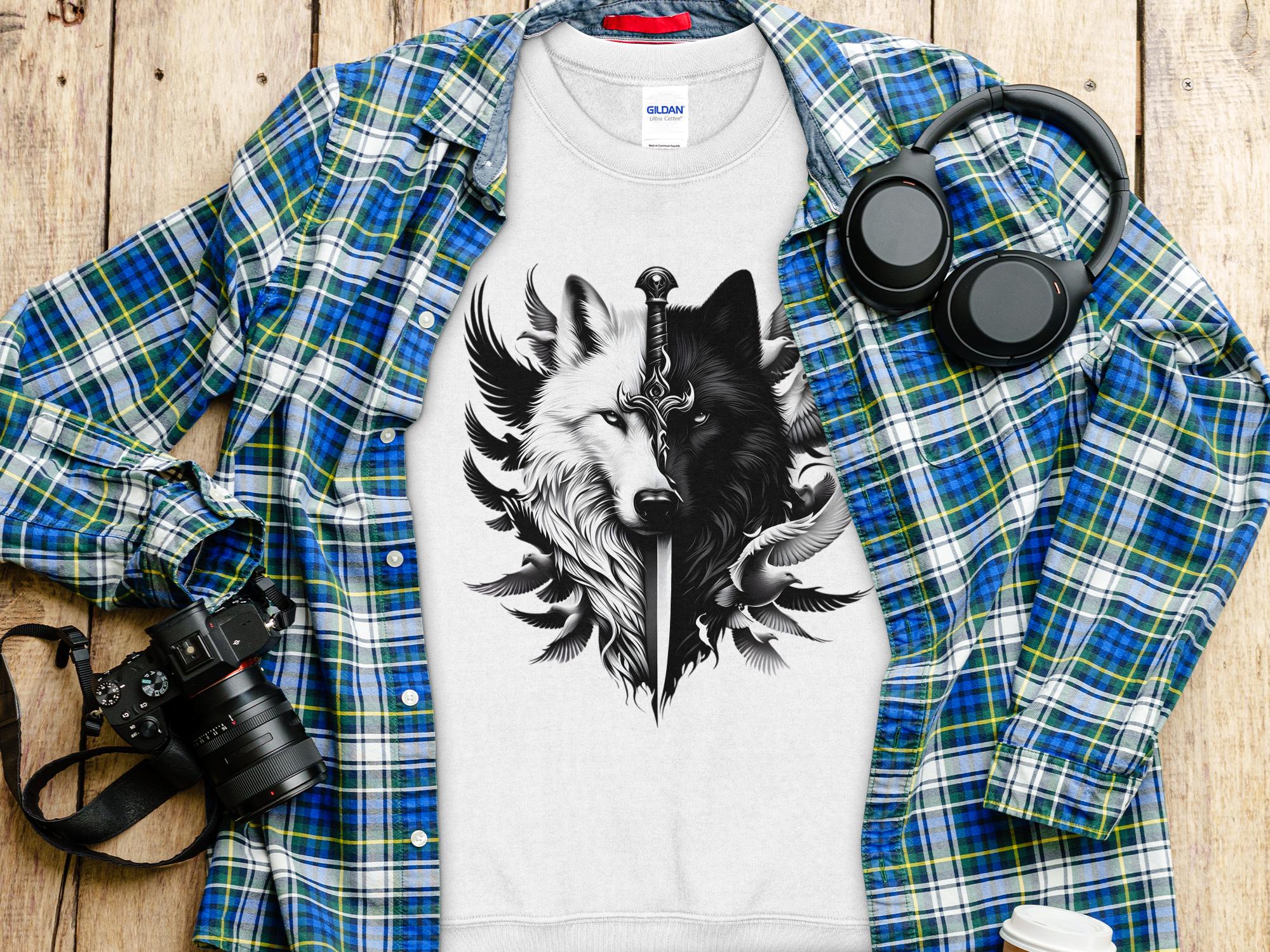 Wolf x Doves - Black White Gildan Sweatshirt Realistic Animal Talisman Unisex Tee Graphic Design