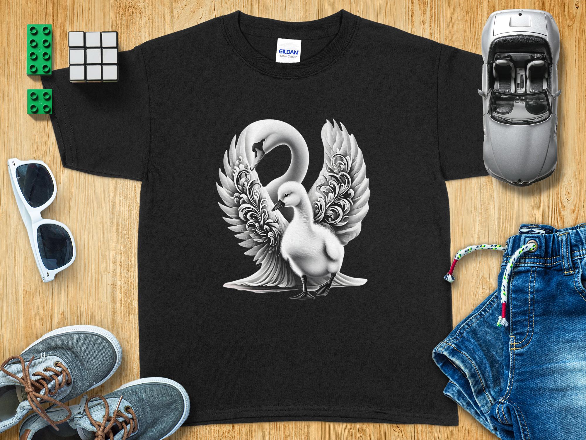 Swan & Cygnet- Black White Gildan Kids T-Shirt Realistic Family Talisman Unisex Tee Graphic Design