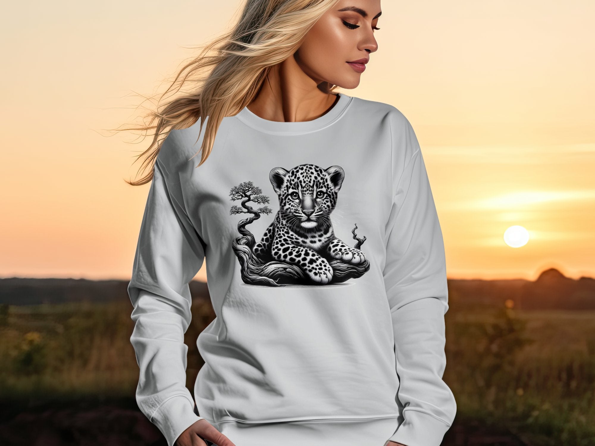 Leopard Bonsai - Coloured Gildan Sweatshirt Realistic Animal Talisman Unisex Cute Tee Graphic Design