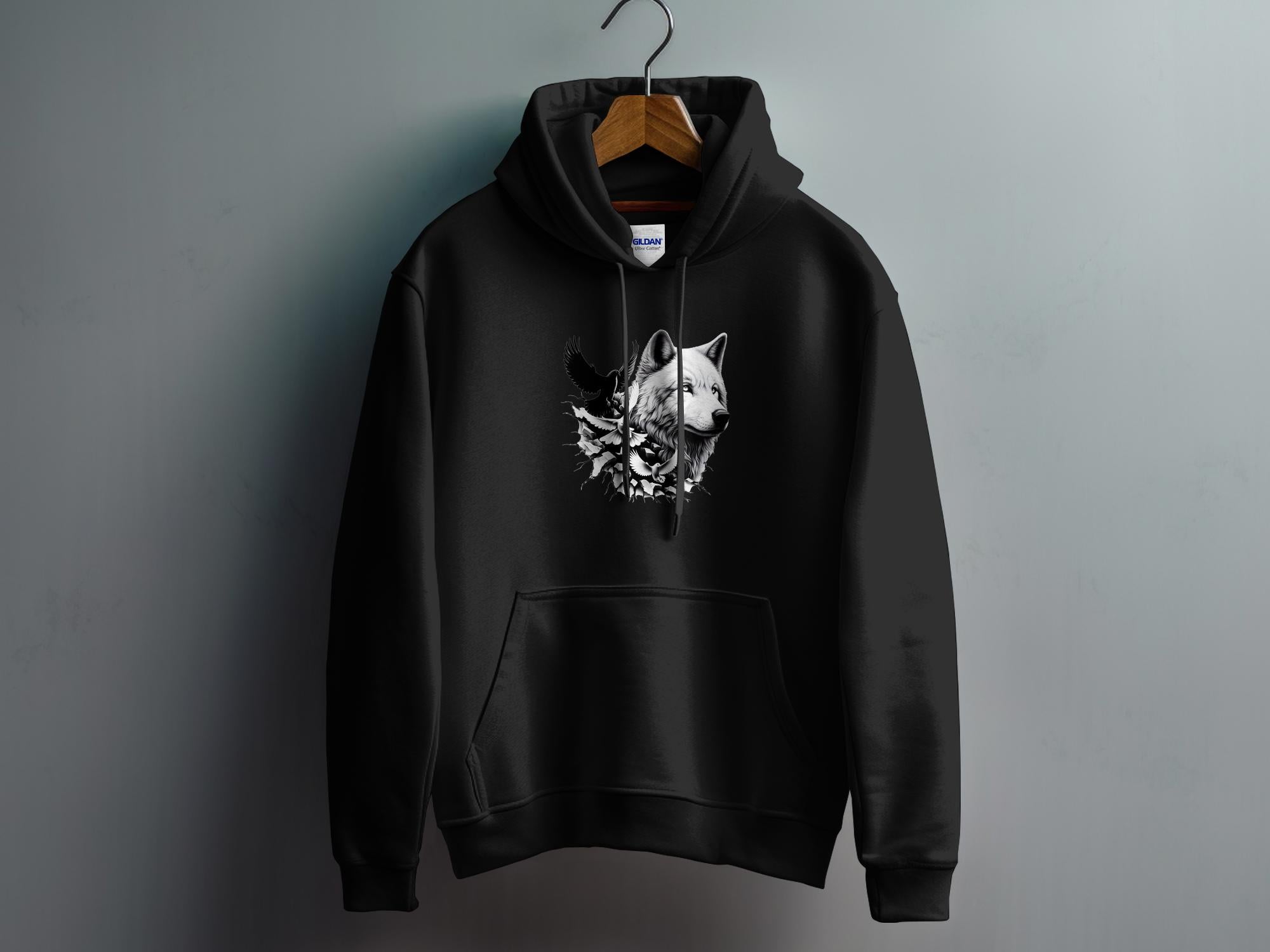 Wolf x Doves - Black White Gildan Hoodie Realistic Animal Talisman Unisex Tee Graphic Design