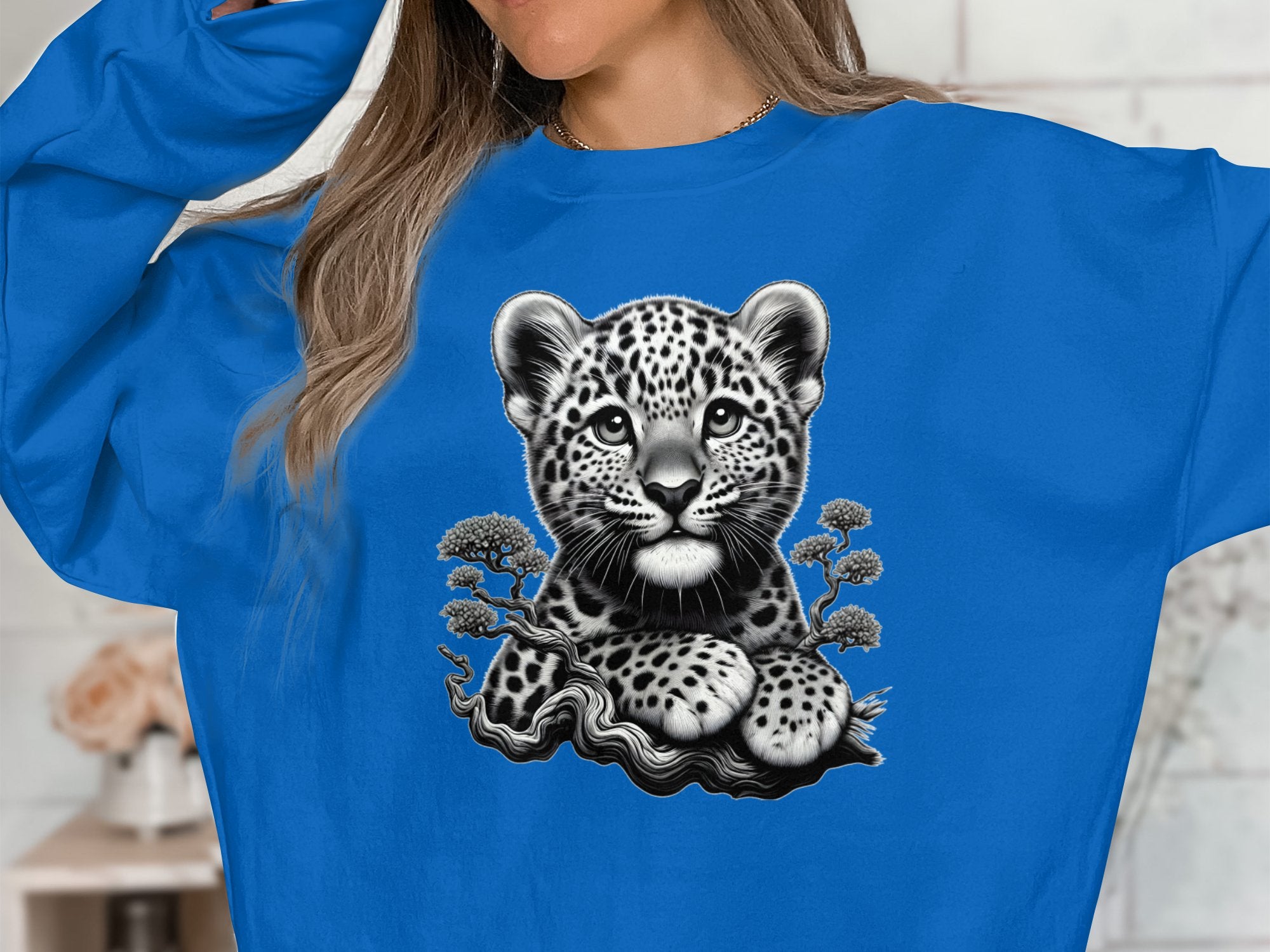 Leopard Bonsai - Coloured Gildan Sweatshirt Realistic Animal Talisman Unisex Cute Tee Graphic Design