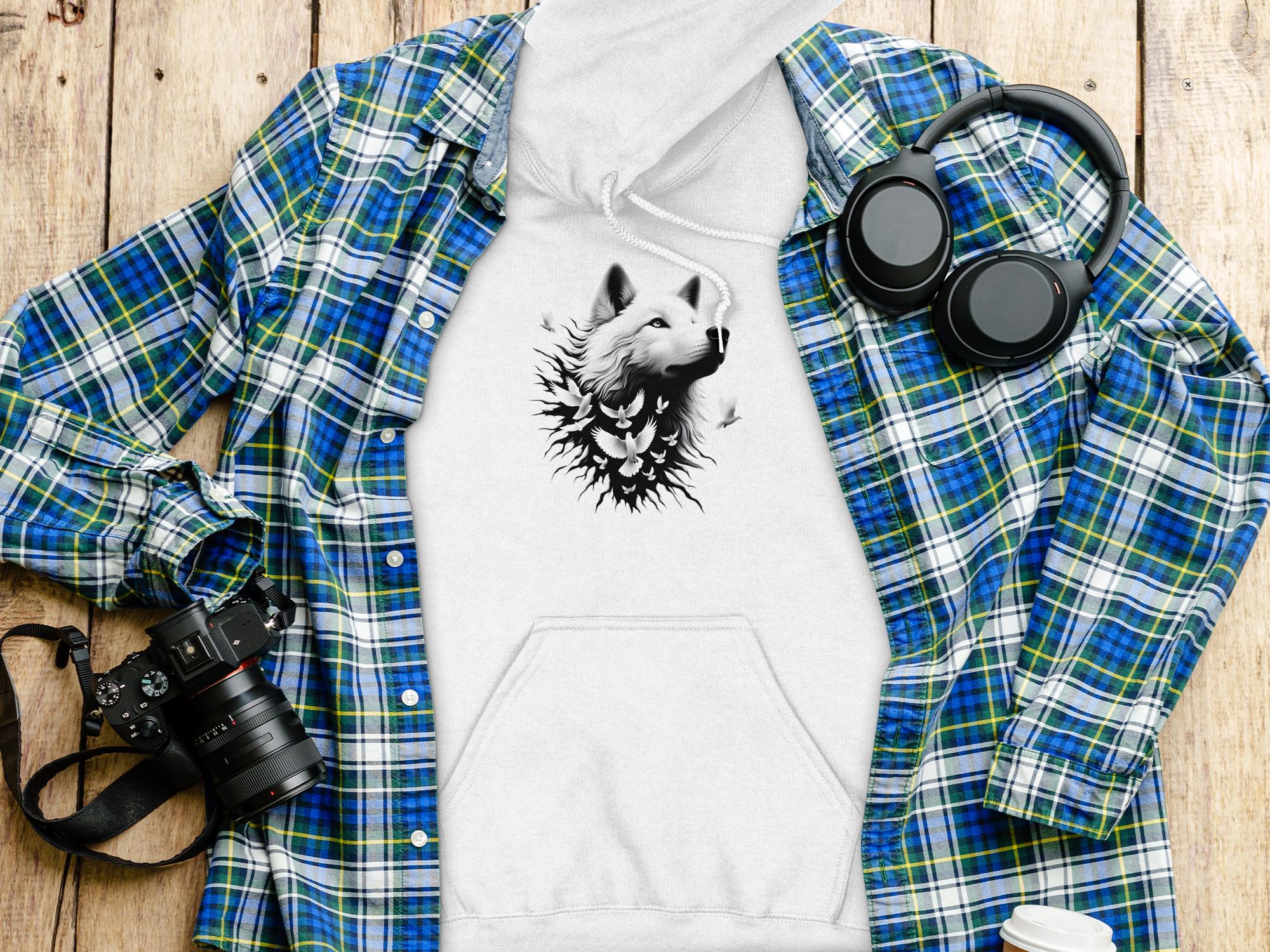 Wolf x Doves - Black White Gildan Hoodie Realistic Animal Talisman Unisex Tee Graphic Design