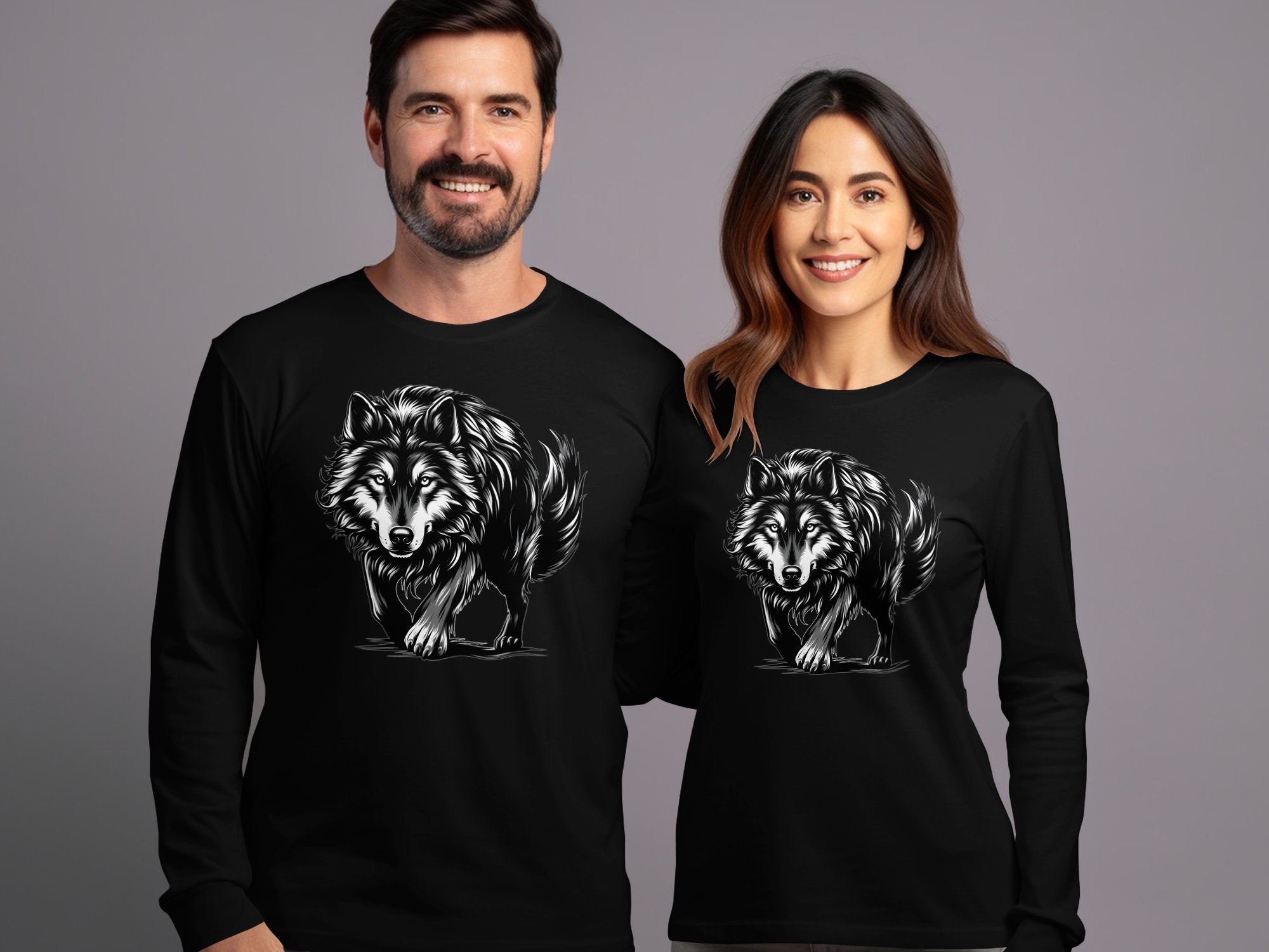 Wolf Tribal - Black White Gildan Long Sleeve Realistic Animal Talisman Unisex Tee Graphic Design