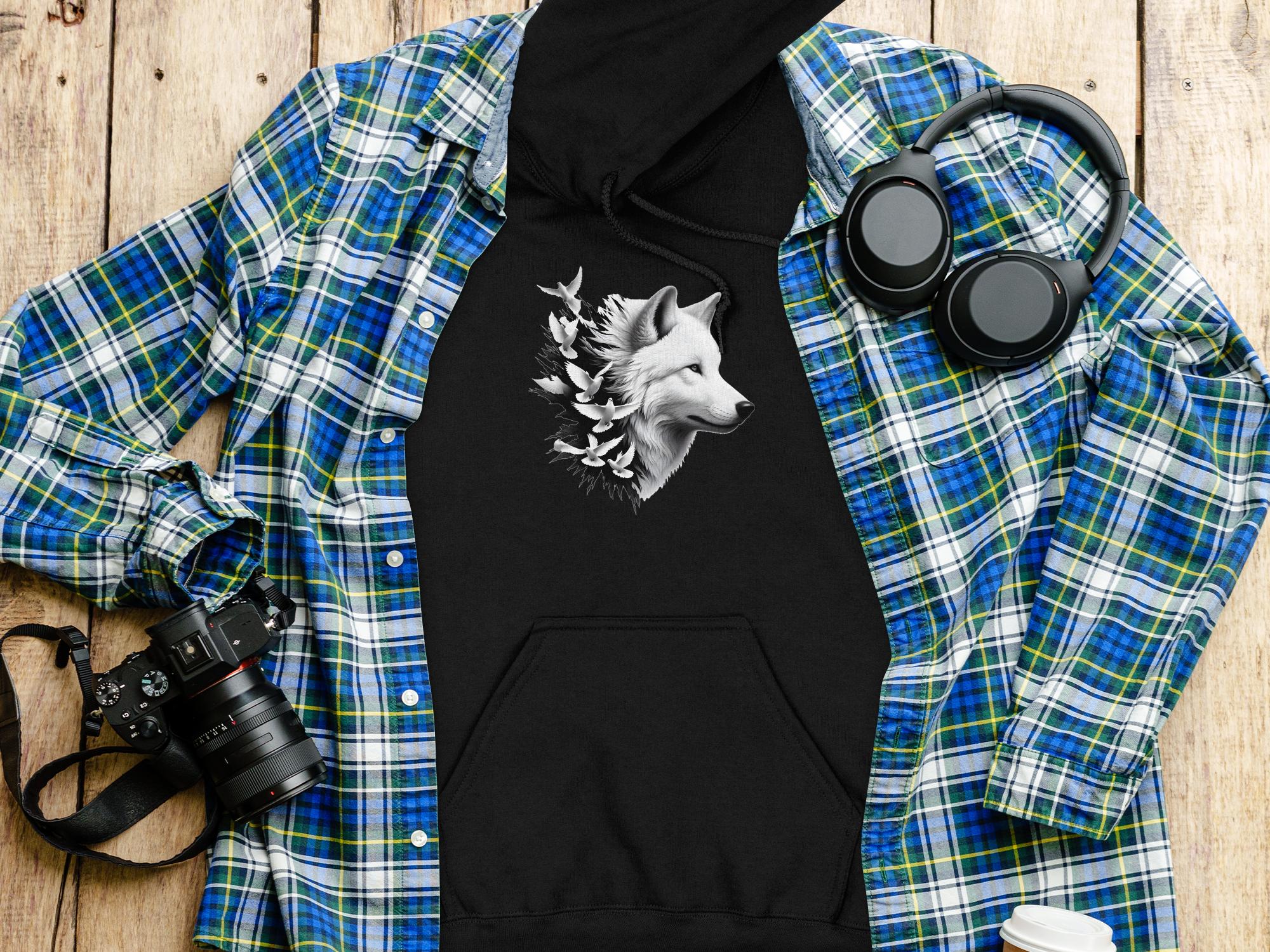 Wolf x Doves - Black White Gildan Hoodie Realistic Animal Talisman Unisex Tee Graphic Design