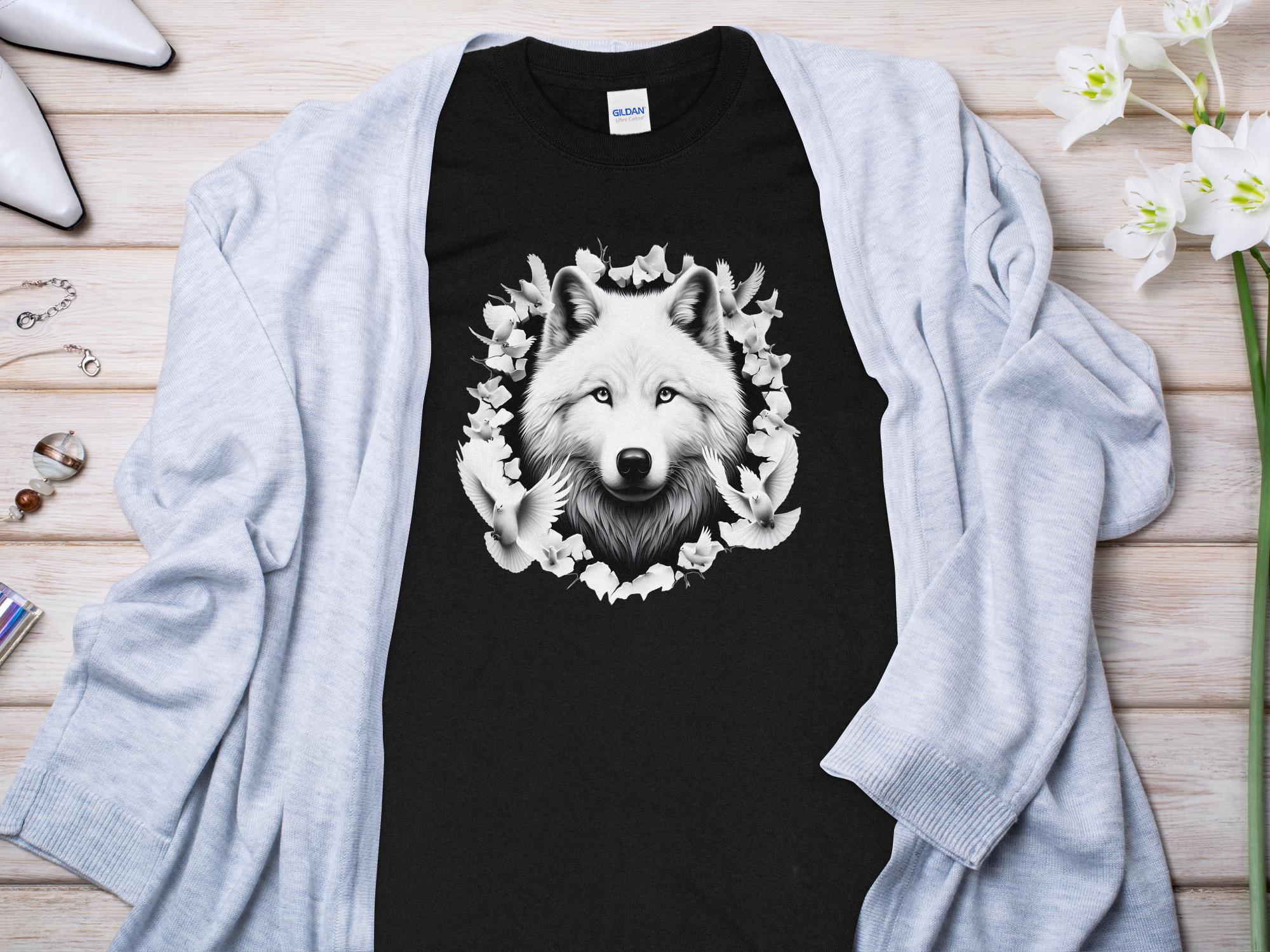 Wolf x Doves - Black White Gildan Long Sleeve Realistic Animal Talisman Unisex Tee Graphic Design