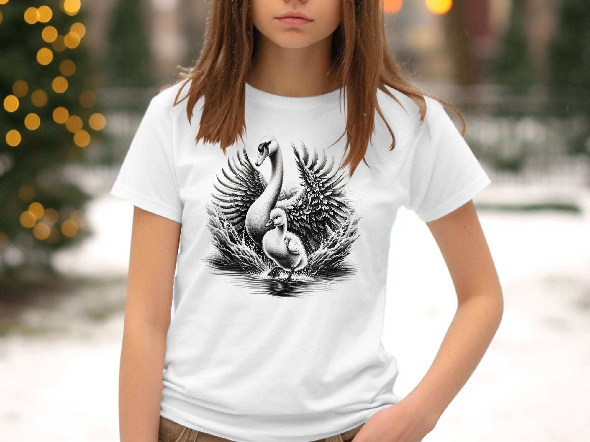 Swan & Cygnet- Black White Gildan Kids T-Shirt Realistic Family Talisman Unisex Tee Graphic Design