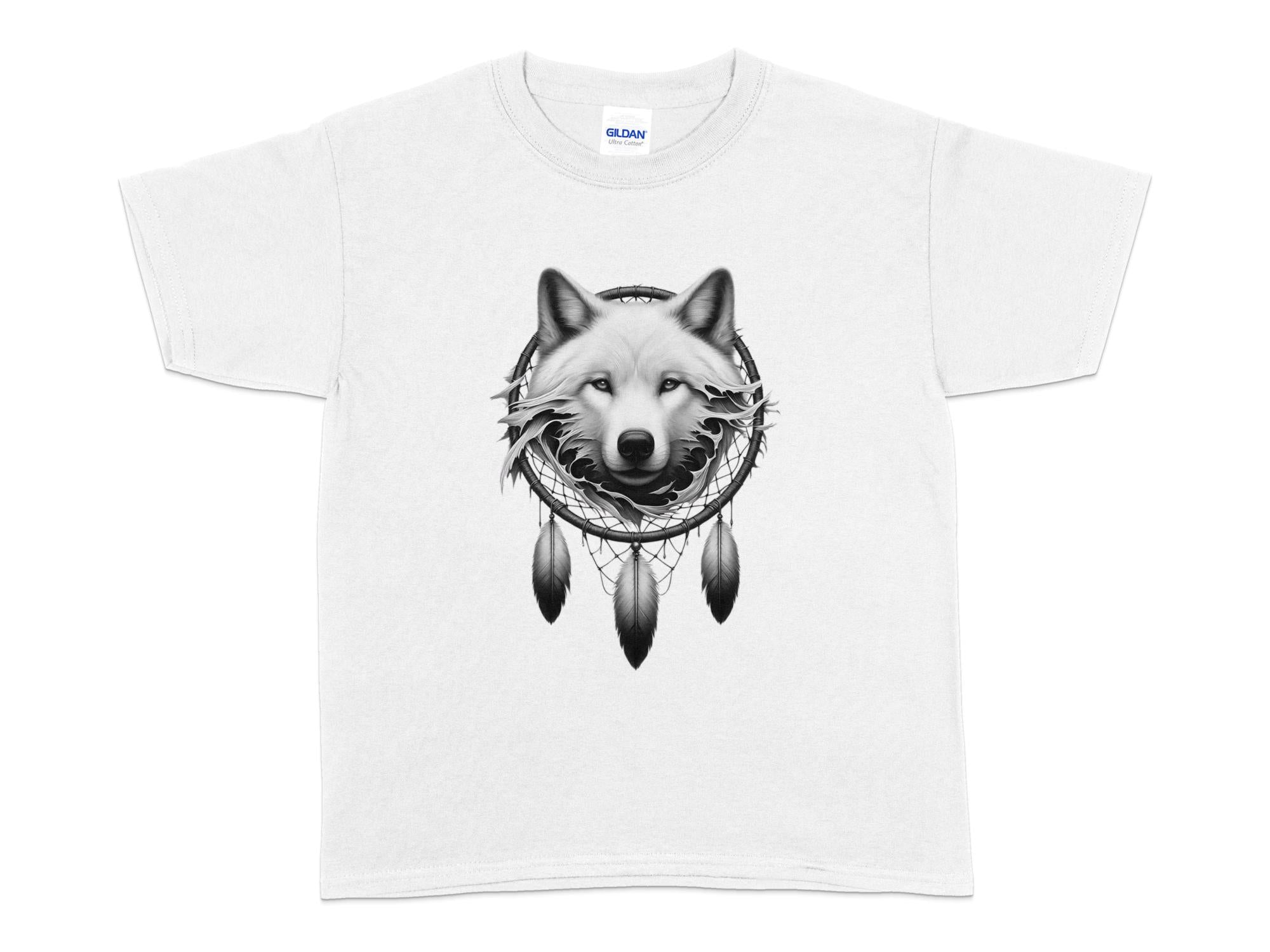 Dreamcatcher Wolf - Coloured Gildan Kids T-Shirt Realistic Native American Talisman Unisex Mythology Tee Graphic Design