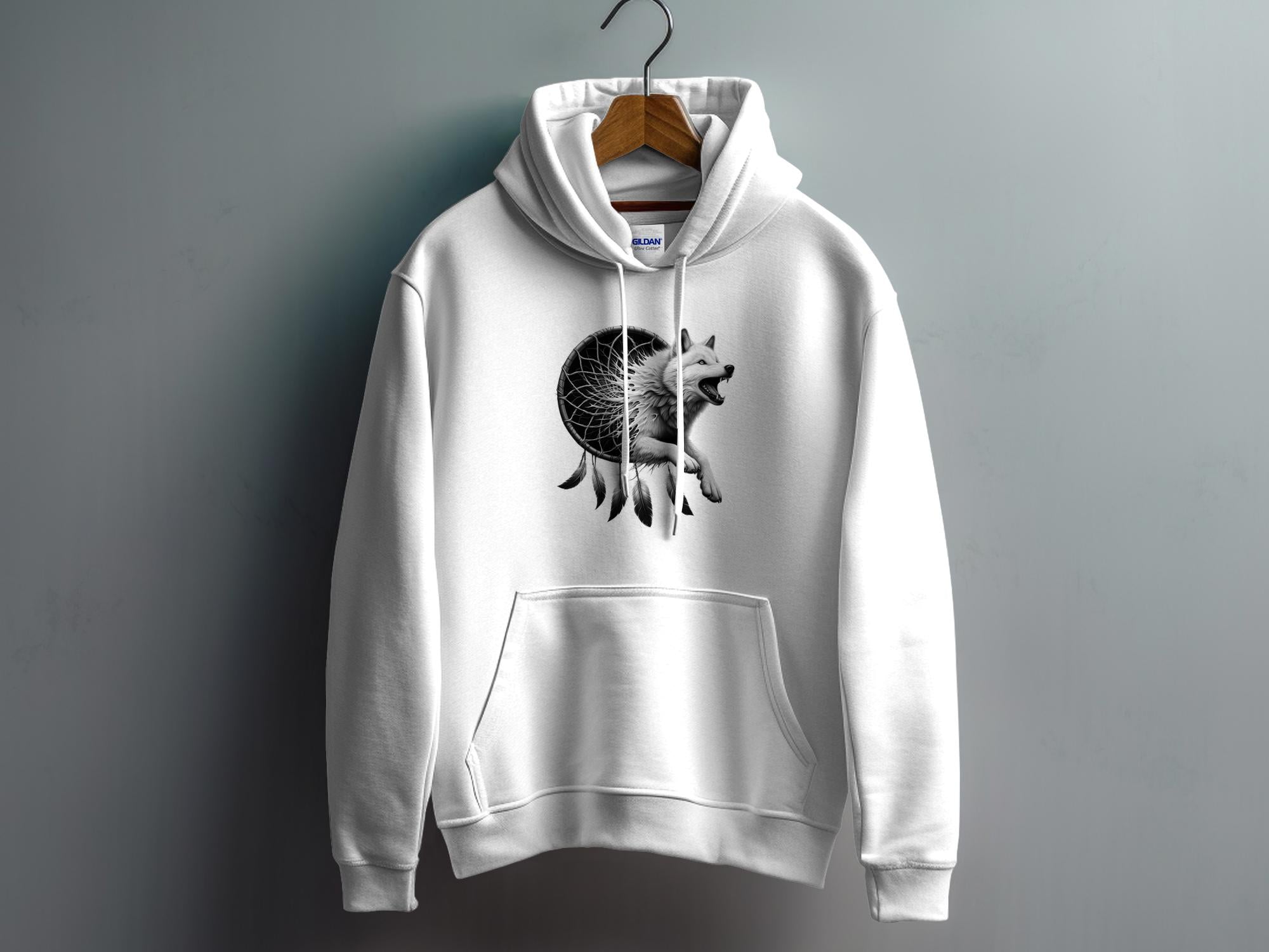 Dreamcatcher Wolf - Coloured Gildan Hoodie Realistic Native American Talisman Unisex Mythology Tee Graphic Design