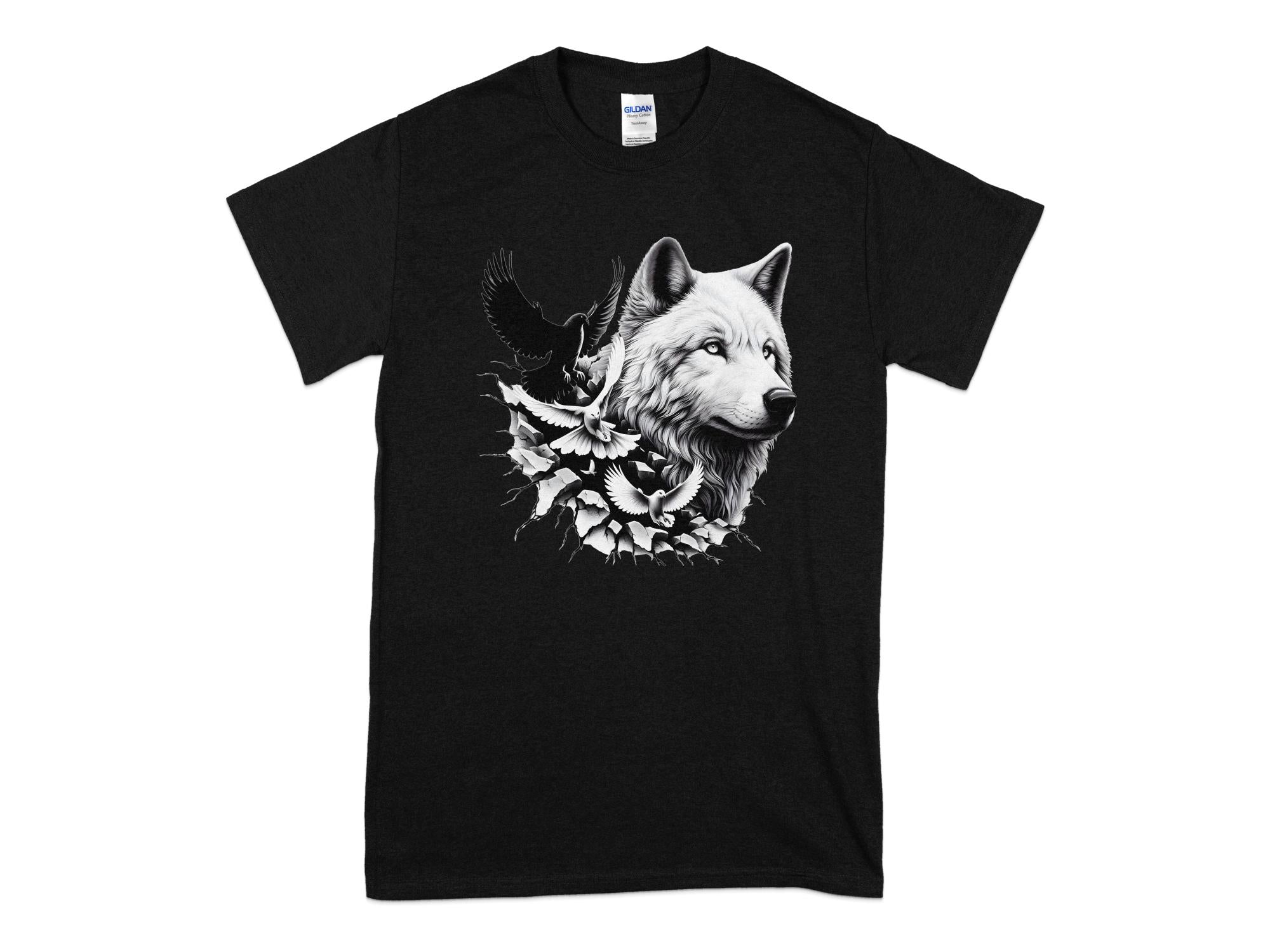 Wolf x Doves - Black White Gildan T-Shirt Realistic Animal Talisman Unisex Tee Graphic Design