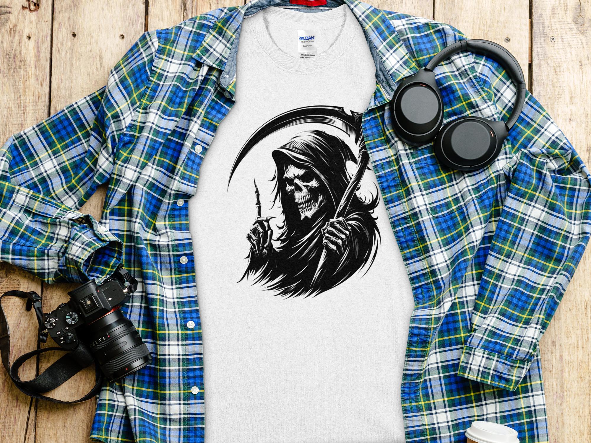 Grim Reaper - Black White Gildan T-Shirt Commemorative Talisman Unisex Tee Graphic Design