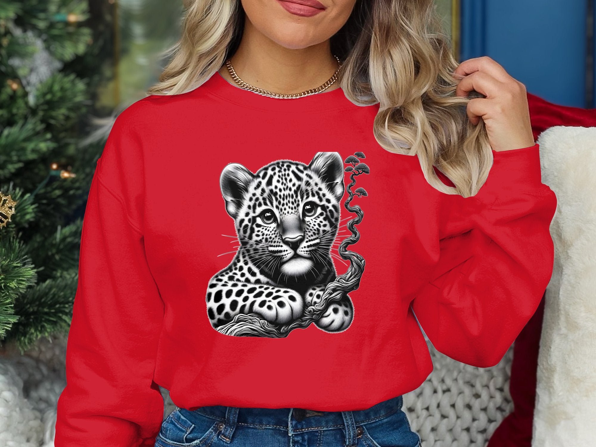 Leopard Bonsai - Coloured Gildan Sweatshirt Realistic Animal Talisman Unisex Cute Tee Graphic Design