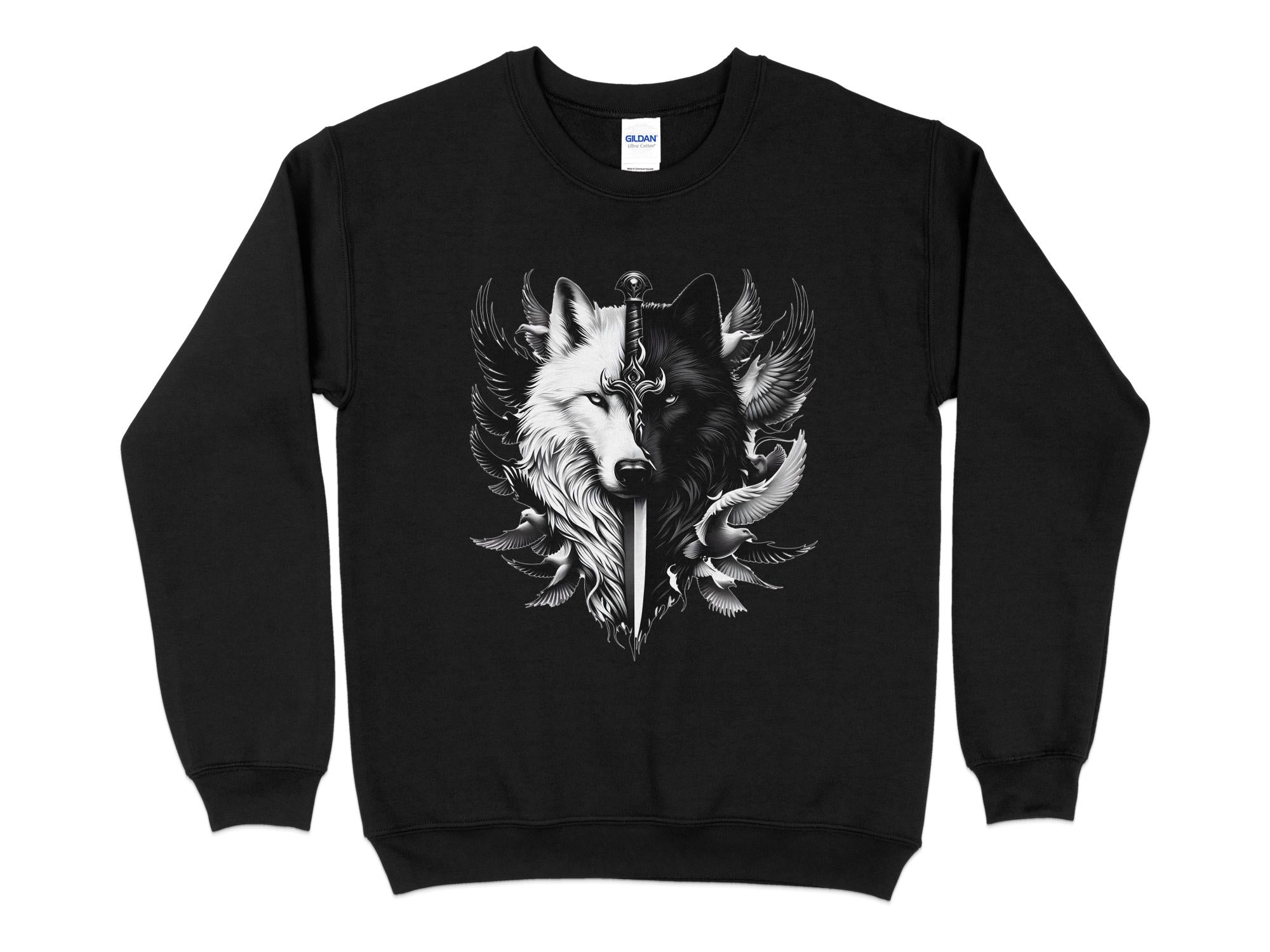 Wolf x Doves - Black White Gildan Sweatshirt Realistic Animal Talisman Unisex Tee Graphic Design