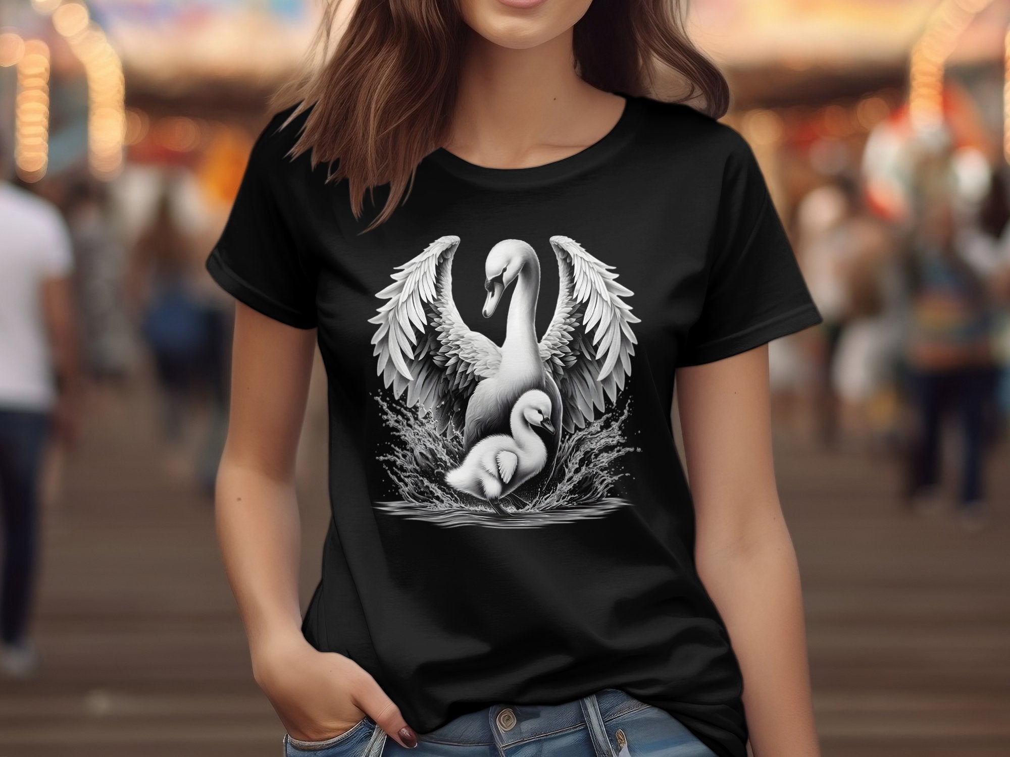 Swan & Cygnet- Black White Gildan T-Shirt Realistic Family Talisman Unisex Tee Graphic Design