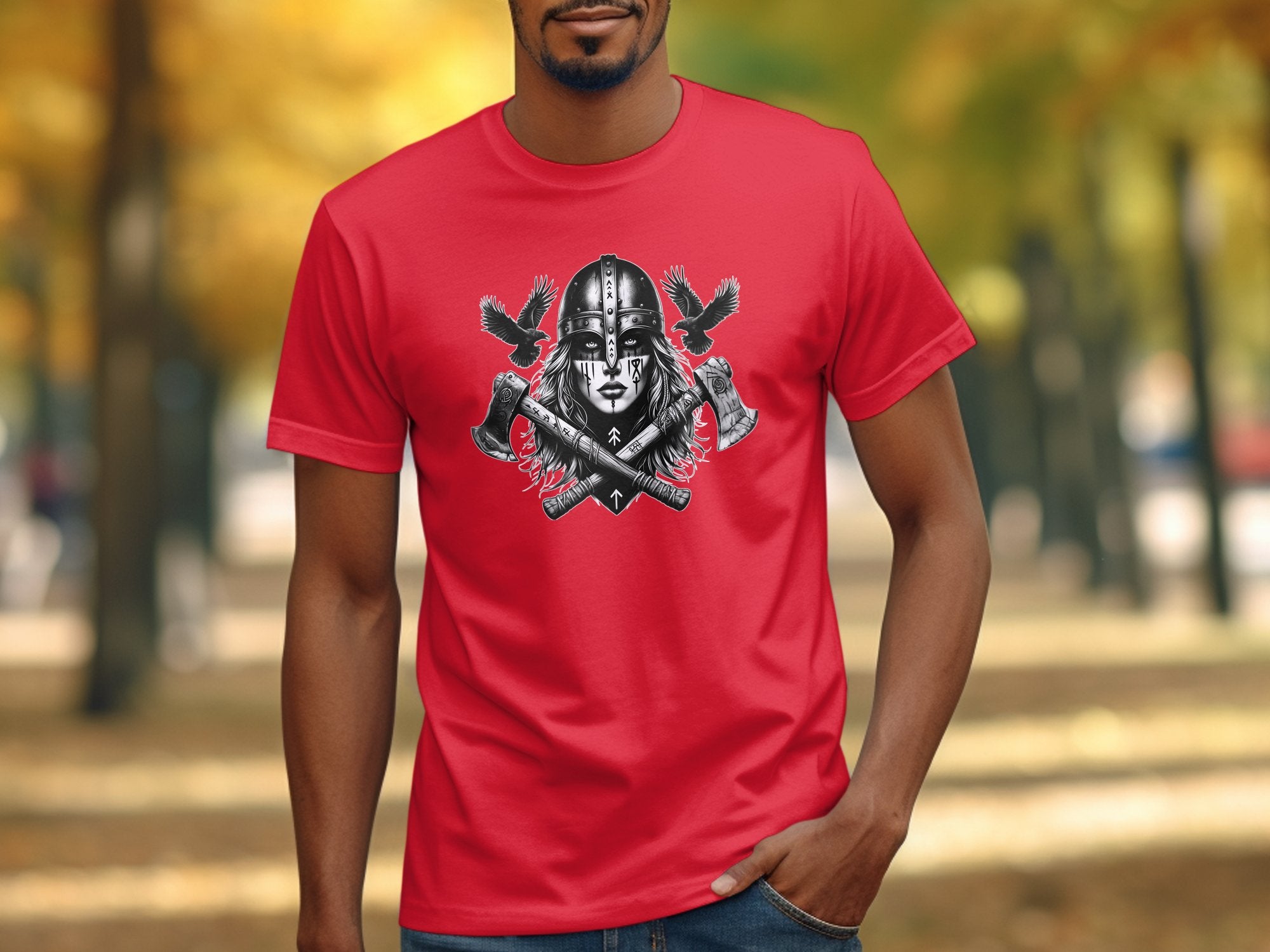 Viking Shield Maiden - Coloured Gildan T Shirt Realistic Norse Talisman Men Women Unisex Valhalla Tee Graphic Design