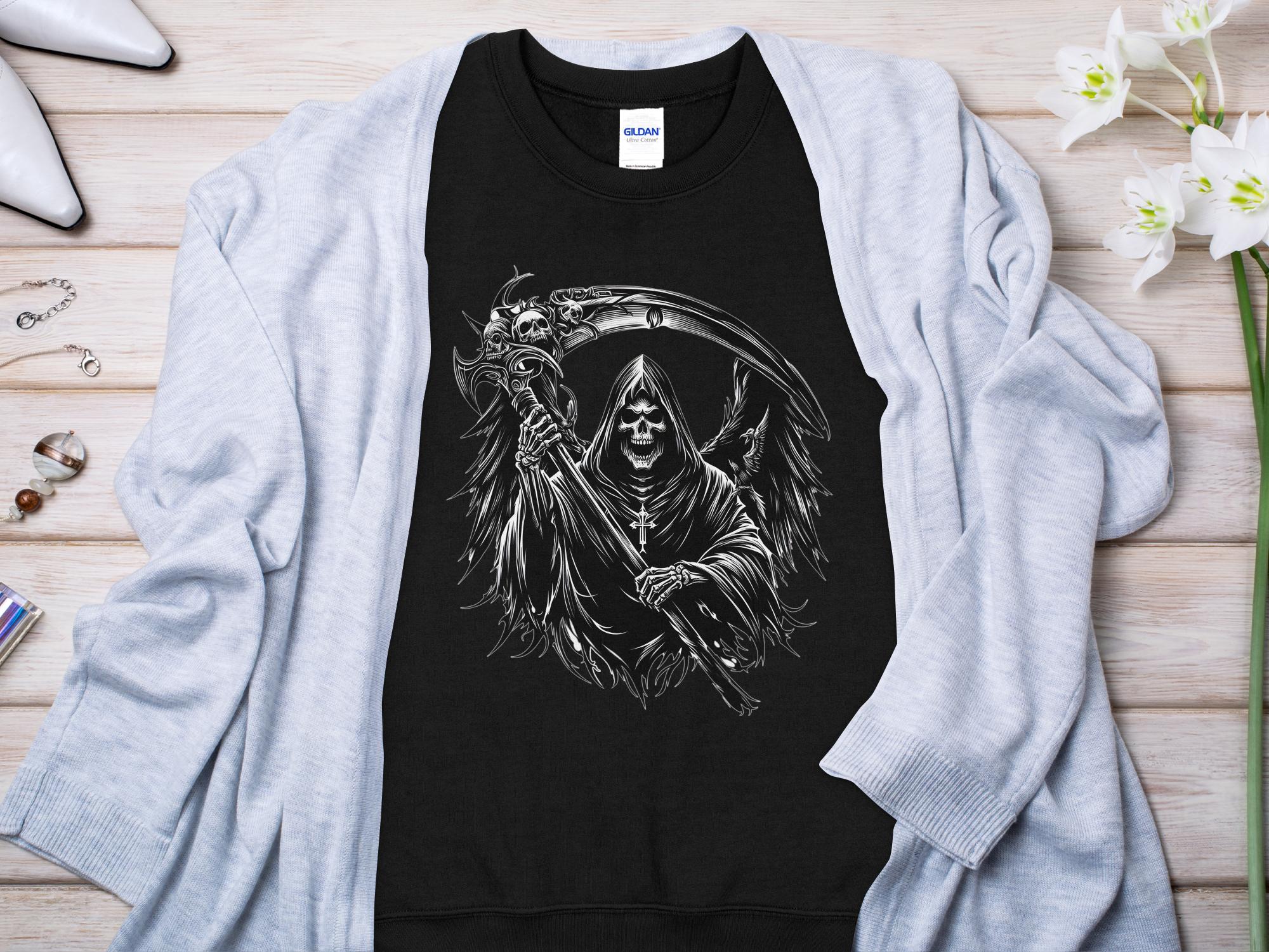 Grim Reaper - Black White Gildan Sweatshirt Commemorative Talisman Unisex Tee Graphic Design