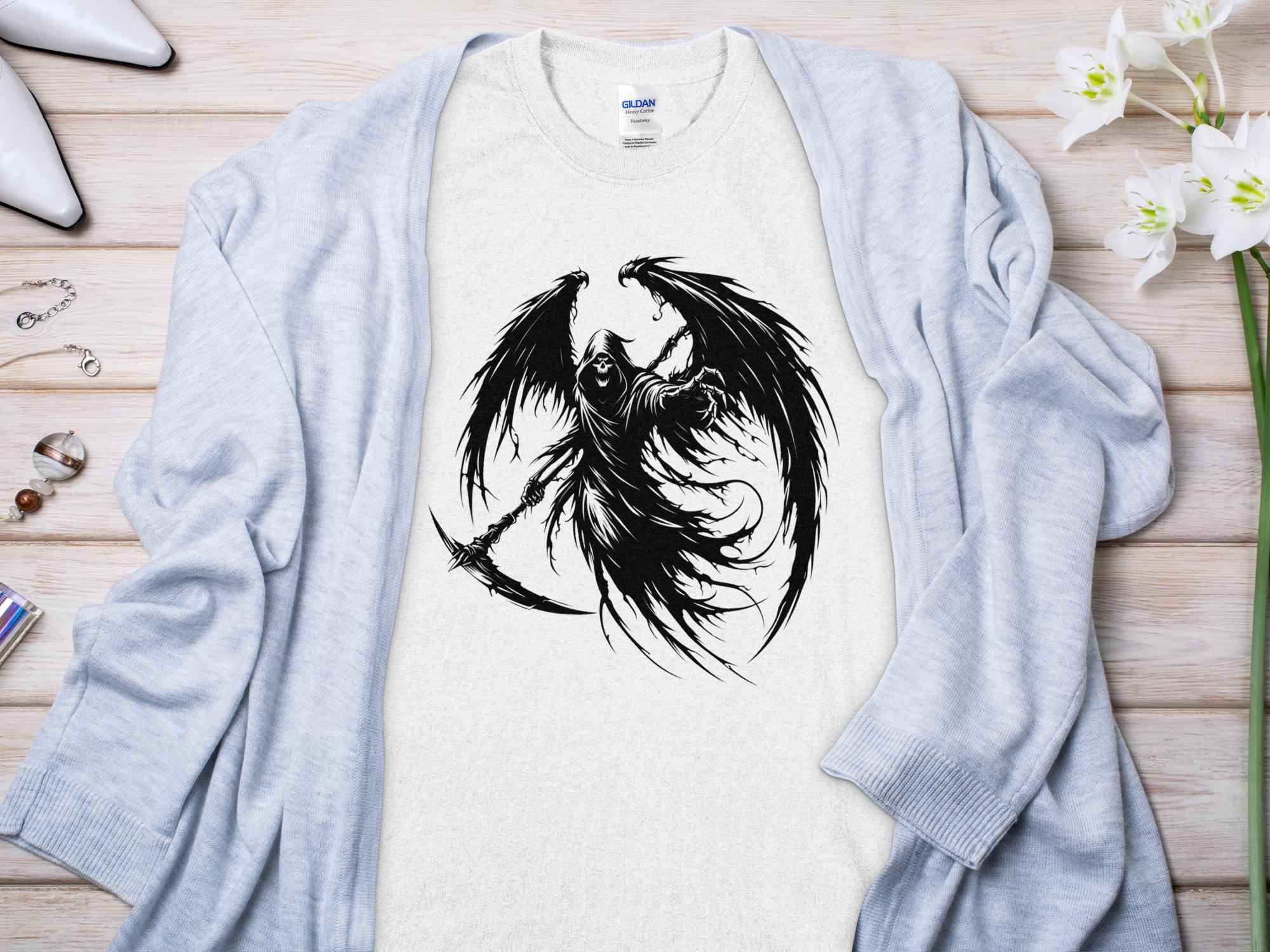 Grim Reaper - Black White Gildan T-Shirt Commemorative Talisman Unisex Tee Graphic Design