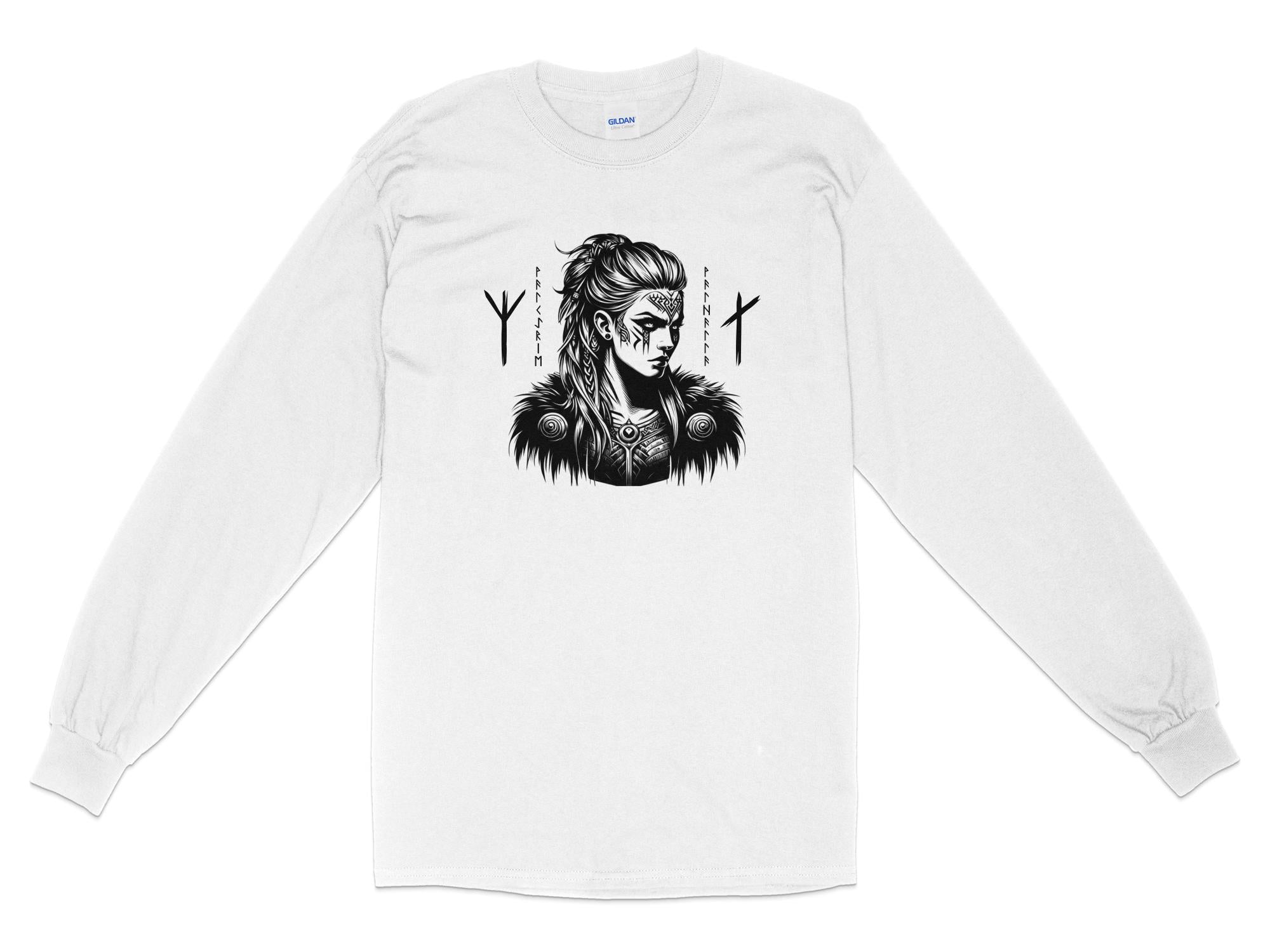 Viking Shield Maiden - Coloured Gildan Long Sleeve Realistic Norse Talisman Men Women Unisex Valhalla Tee Graphic Design