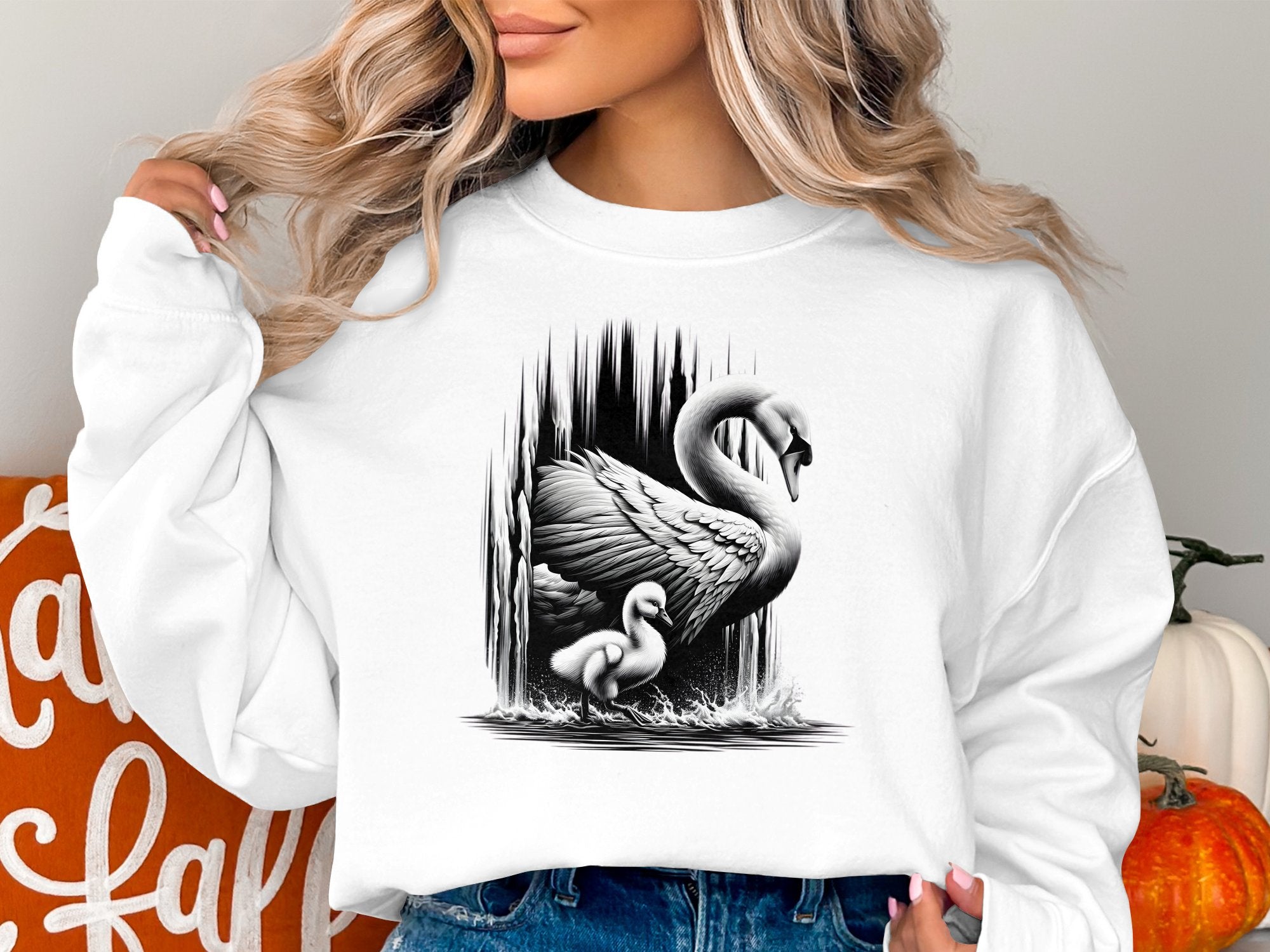 Swan & Cygnet- Black White Gildan Sweatshirt Realistic Family Talisman Unisex Tee Graphic Design