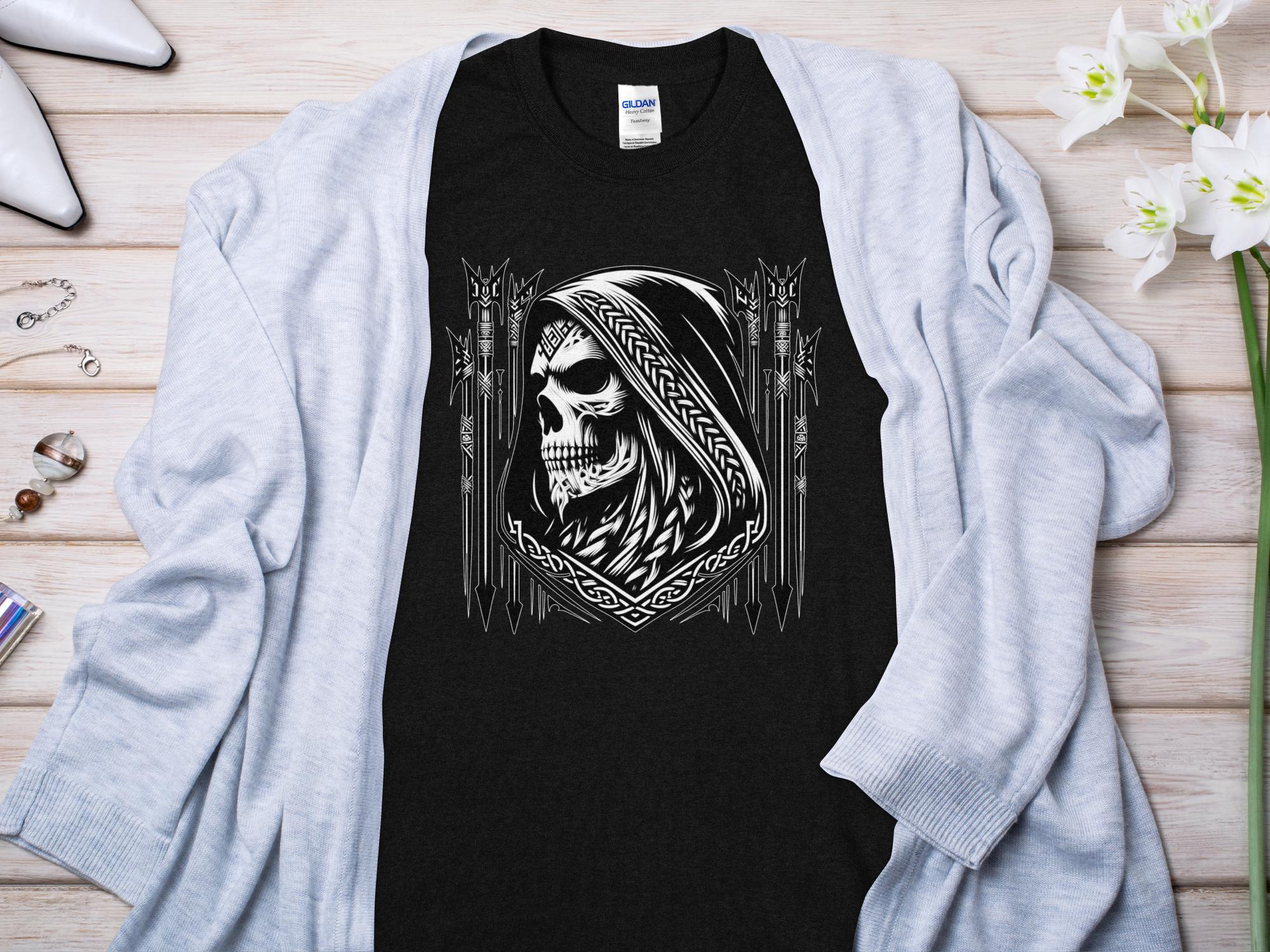 Grim Reaper - Black White Gildan T-Shirt Commemorative Talisman Unisex Tee Graphic Design