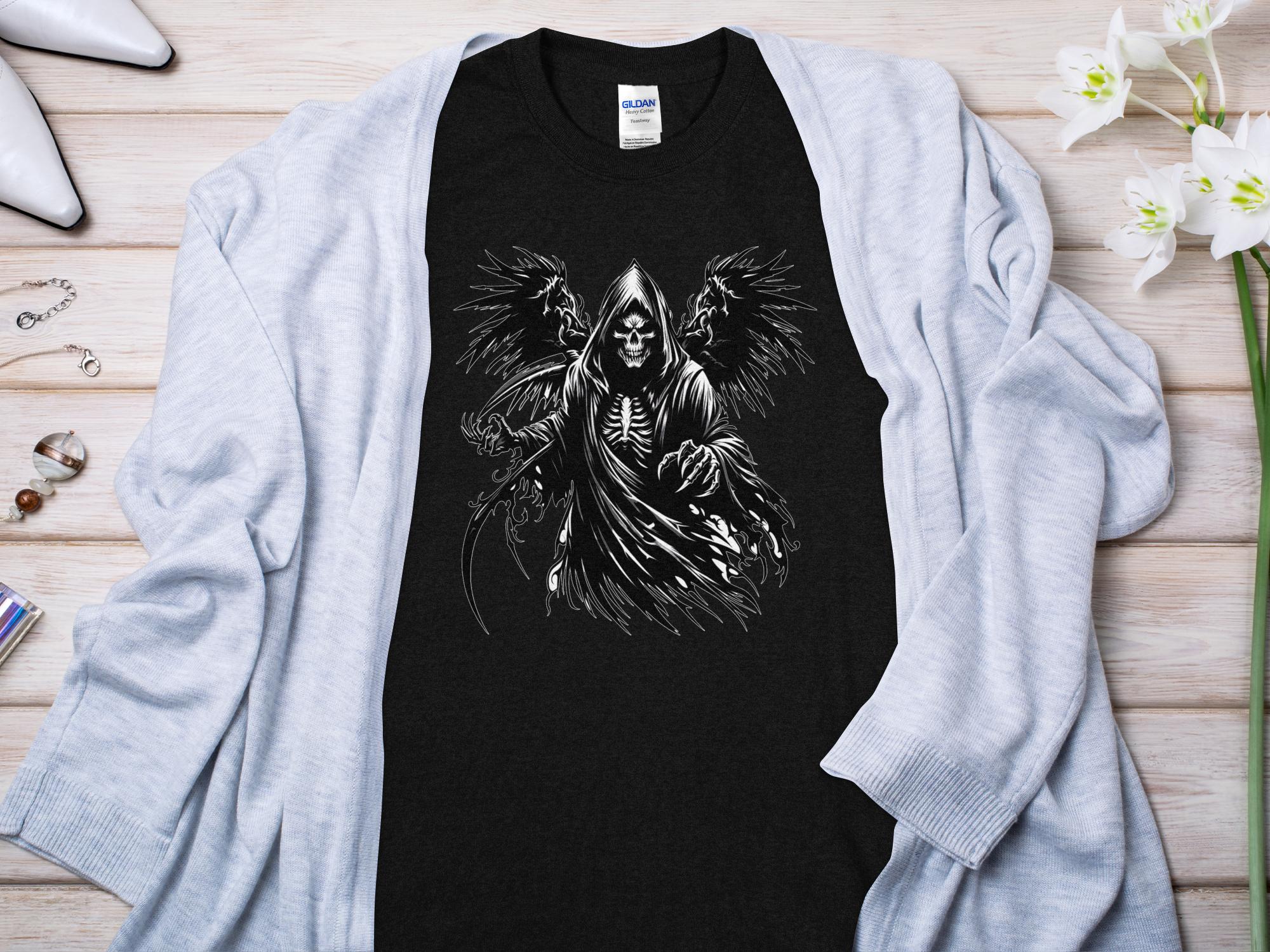 Grim Reaper - Black White Gildan T-Shirt Commemorative Talisman Unisex Tee Graphic Design