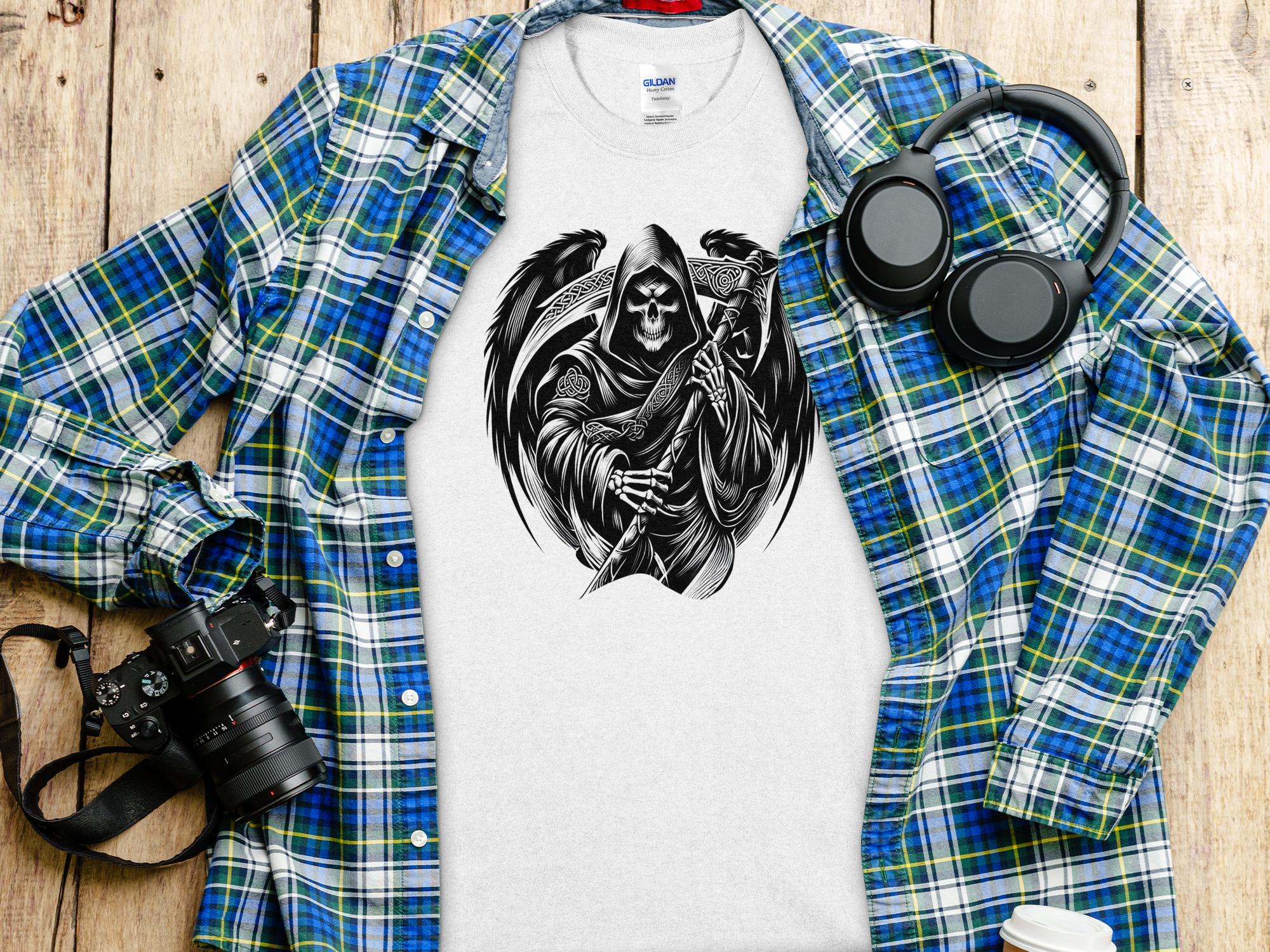 Grim Reaper - Black White Gildan T-Shirt Commemorative Talisman Unisex Tee Graphic Design