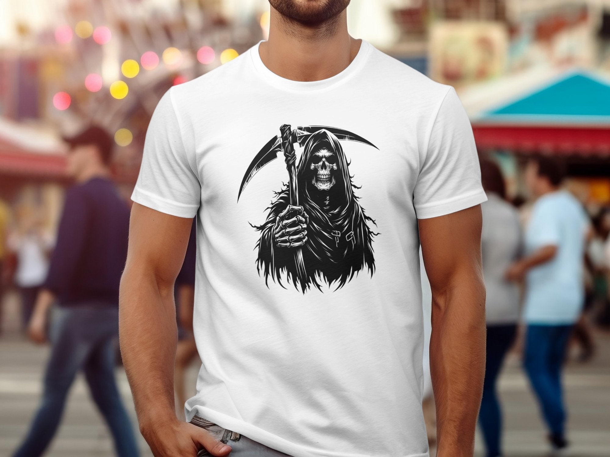 Grim Reaper - Black White Gildan T-Shirt Commemorative Talisman Unisex Tee Graphic Design