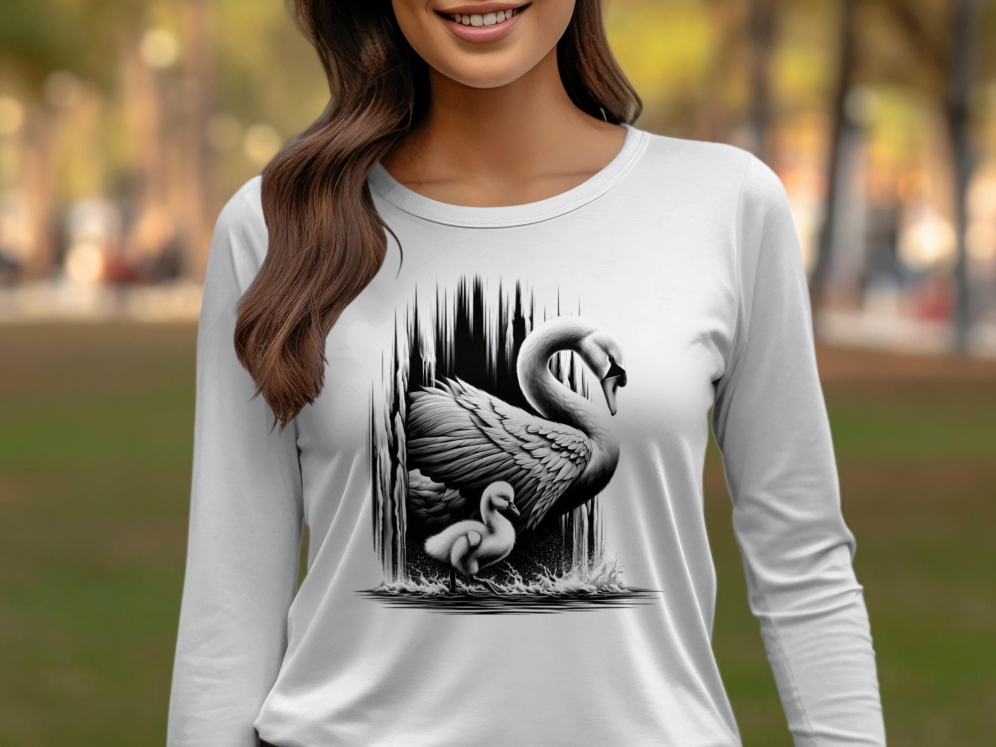 Swan & Cygnet- Black White Gildan Long Sleeve Realistic Family Talisman Unisex Tee Graphic Design