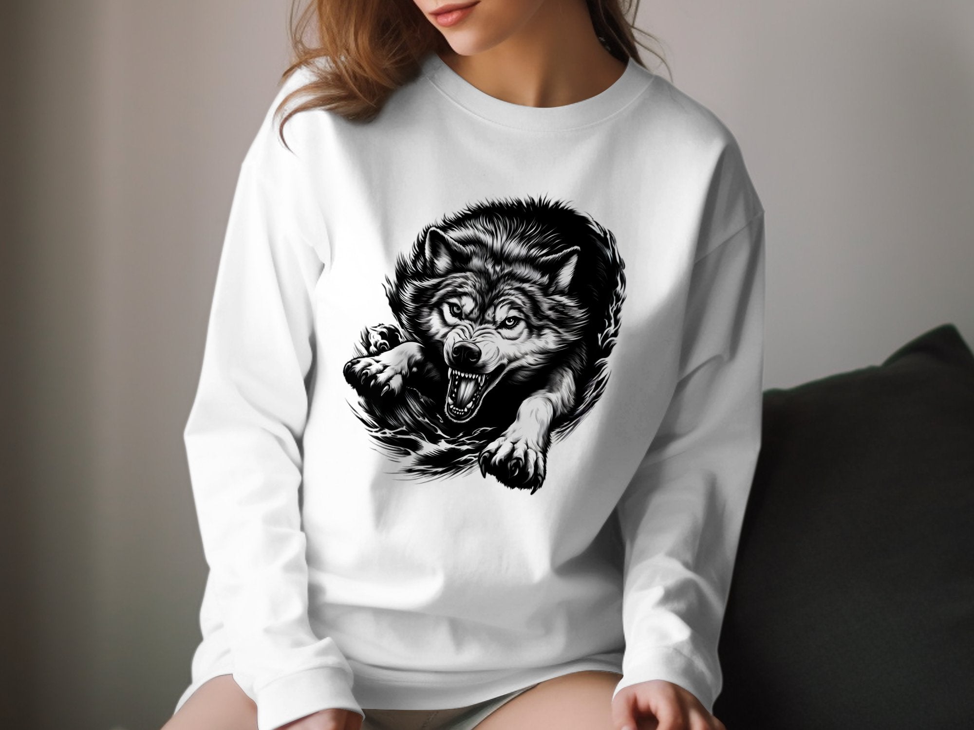 Wolf Tribal - Black White Gildan Long Sleeve Realistic Animal Talisman Unisex Tee Graphic Design