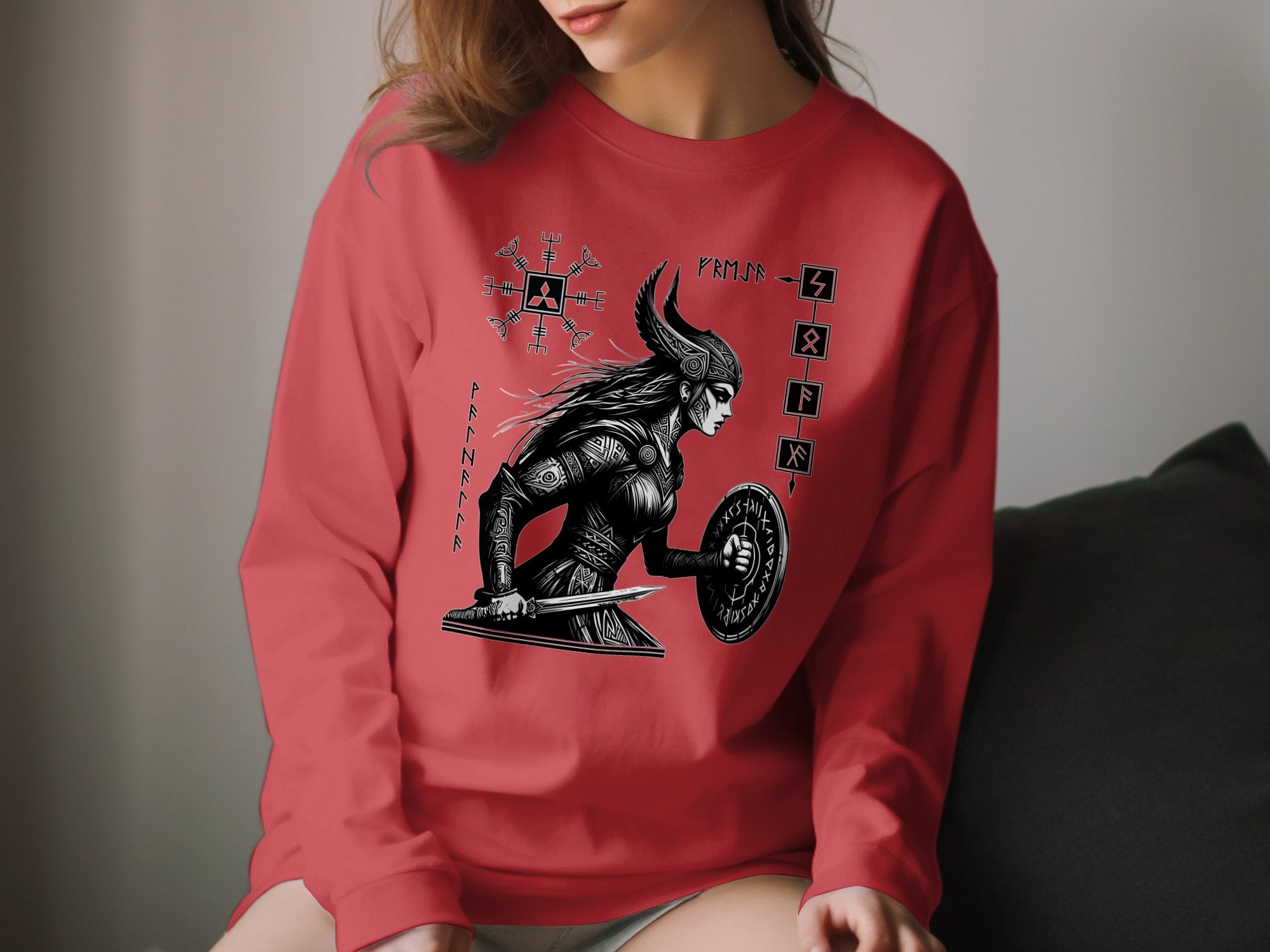 Viking Shield Maiden - Coloured Gildan Long Sleeve Realistic Norse Talisman Men Women Unisex Valhalla Tee Graphic Design