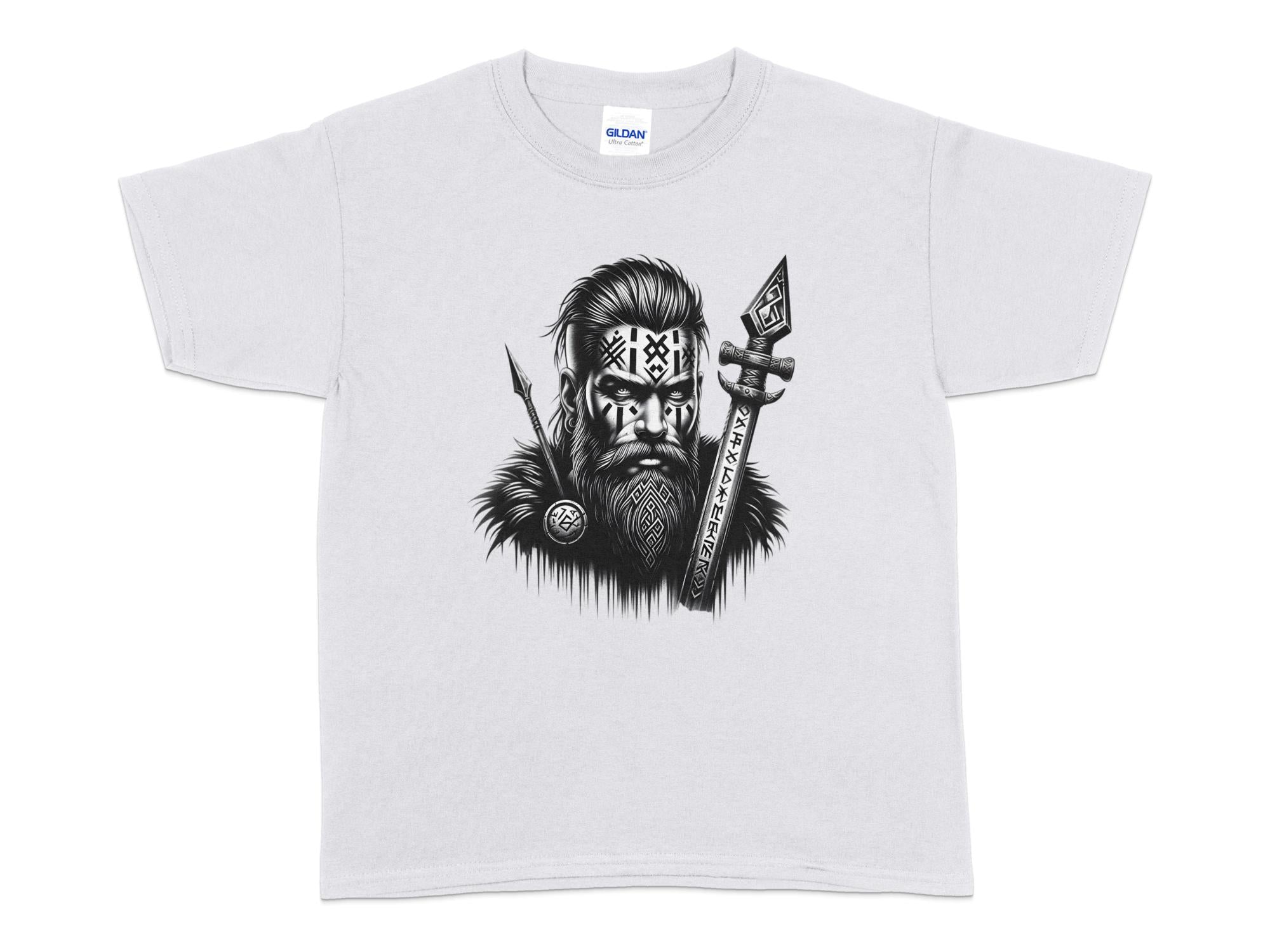 Viking Stoic - Coloured Gildan Kids T-Shirt Realistic Norse Talisman Unisex Valhalla Tee Graphic Design