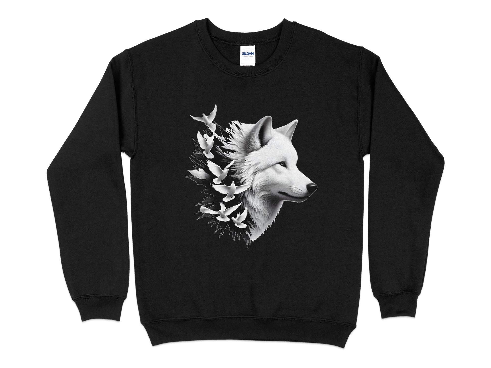 Wolf x Doves - Black White Gildan Sweatshirt Realistic Animal Talisman Unisex Tee Graphic Design