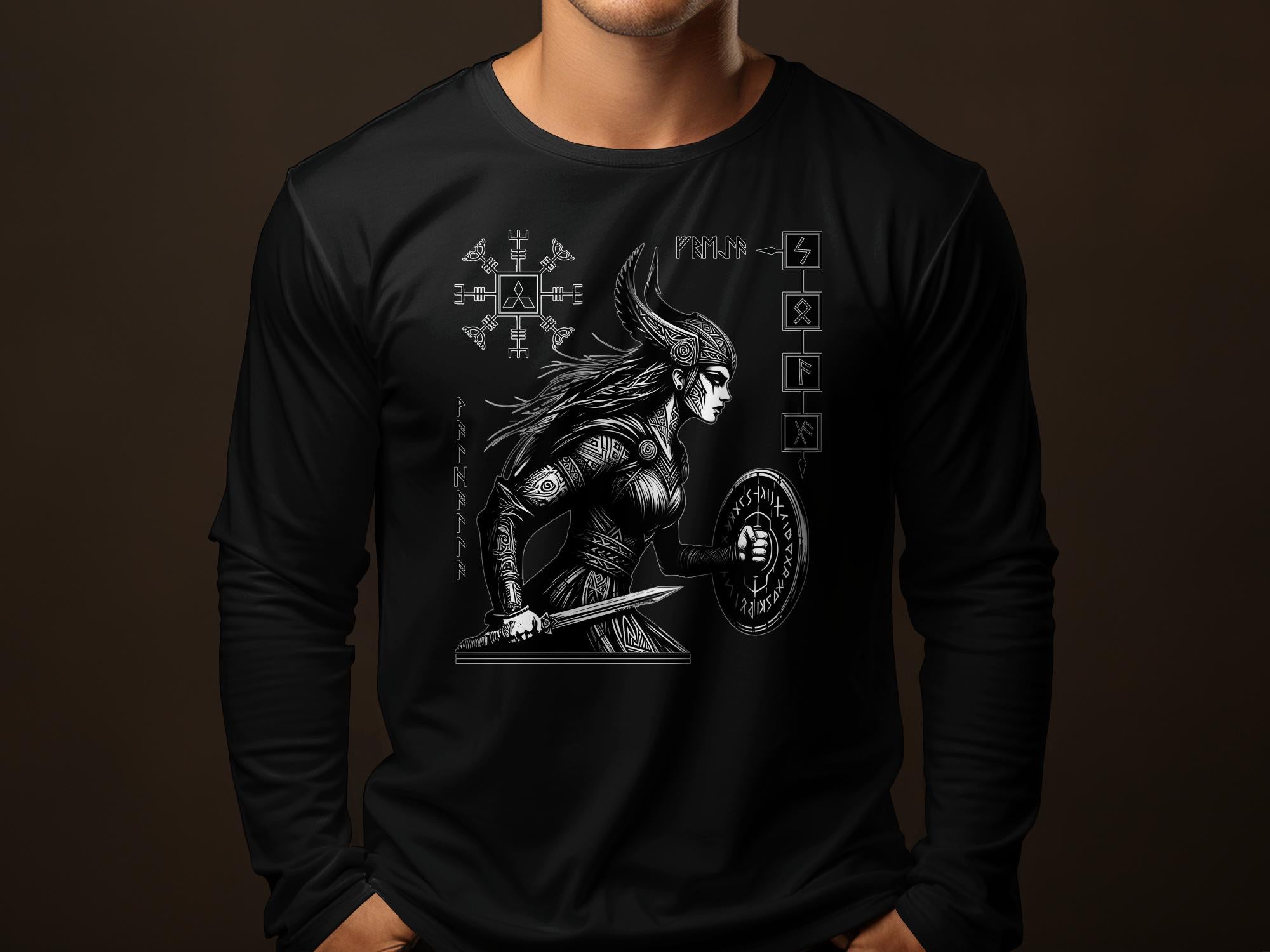 Viking Shield Maiden - Coloured Gildan Long Sleeve Realistic Norse Talisman Men Women Unisex Valhalla Tee Graphic Design